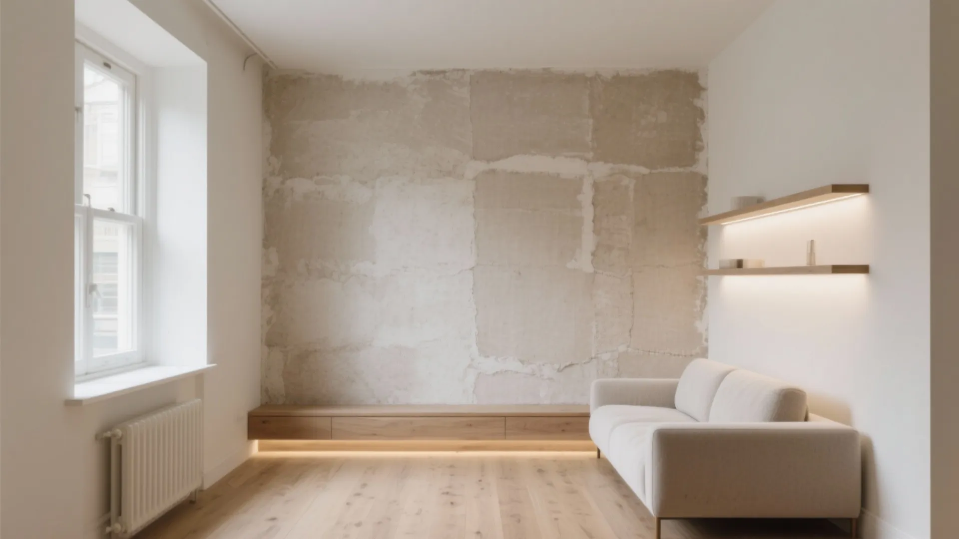 Minimalist living room with unfinished wall white sofa wooden floor and warm light wall shelves