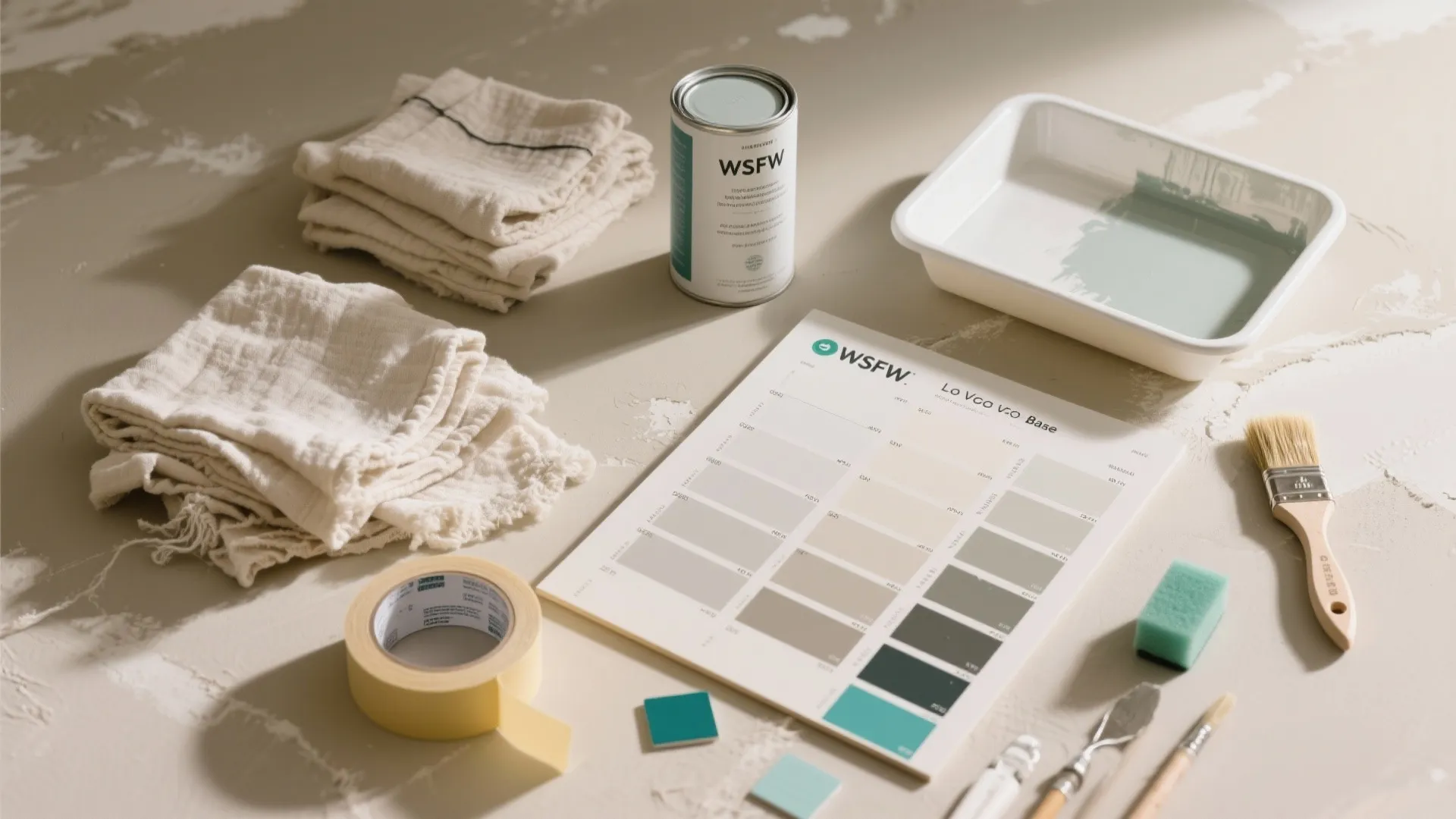 Professional home painting tools including paint can tray brush sponge tape rags and color card