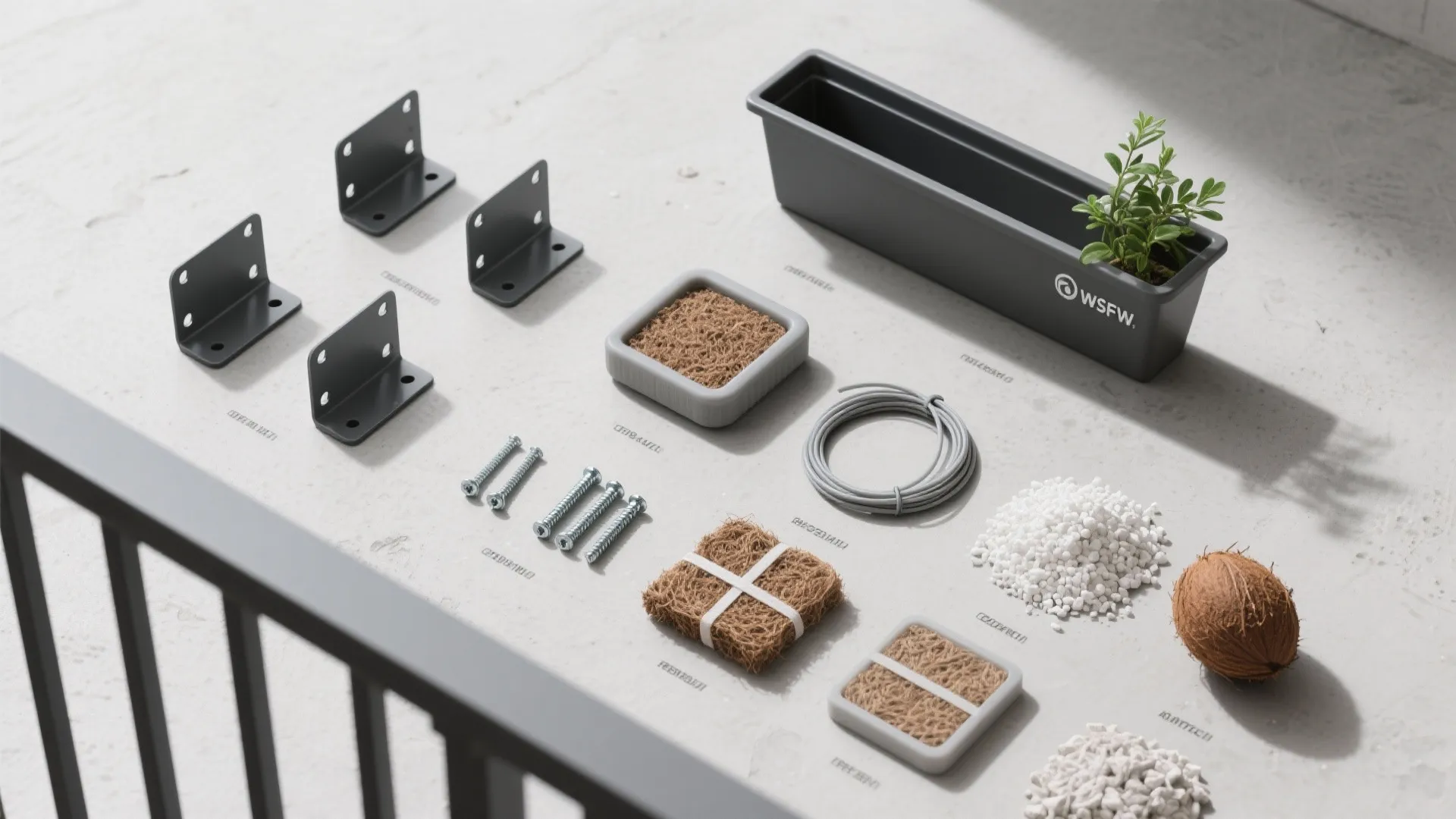 Flat lay of powder-coated brackets, resin planter pieces, cable ties, coir, and perlite on concrete.