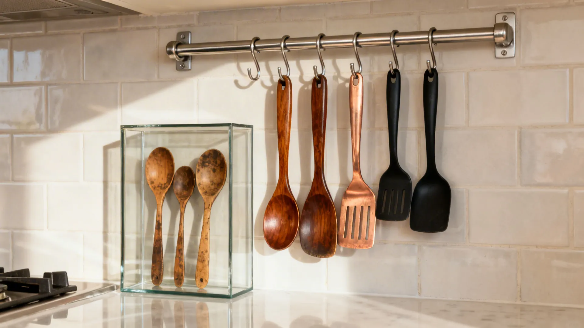 Stainless rail with curated utensils and framed wooden spoons on a clean small-kitchen wall.
