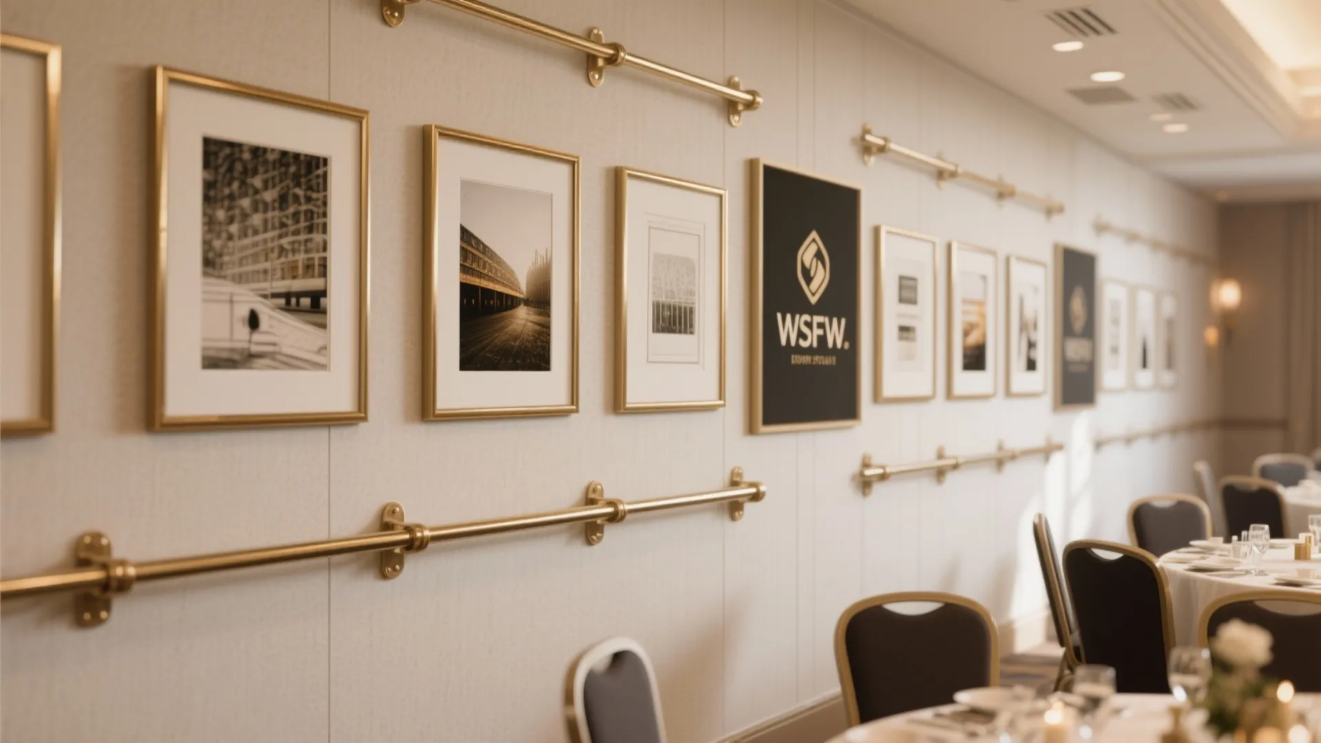 Restaurant dining area with gold metal rails holding picture frames and wall art gallery display