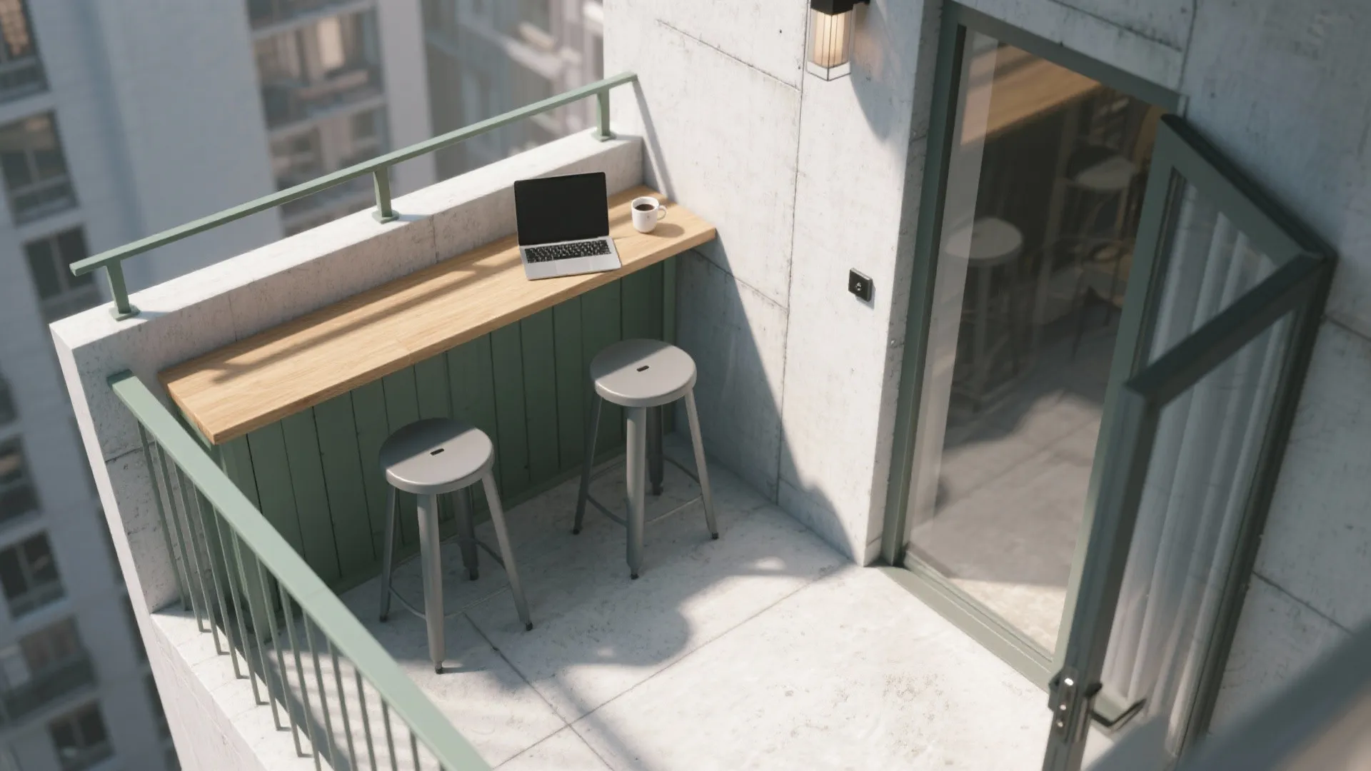 Rail-mounted bar ledges and flexible seating zones