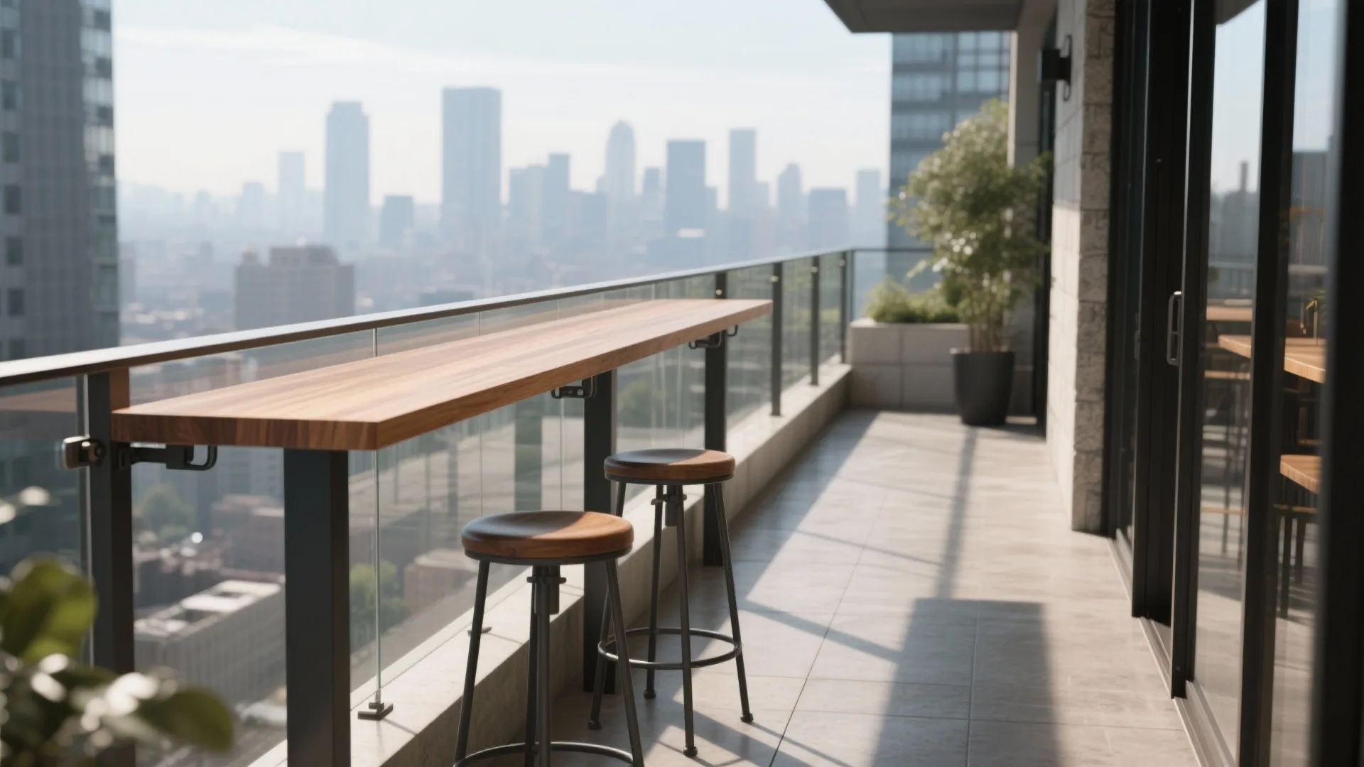 Modern balcony with wooden bar counter two stools glass railing and city skyline view design