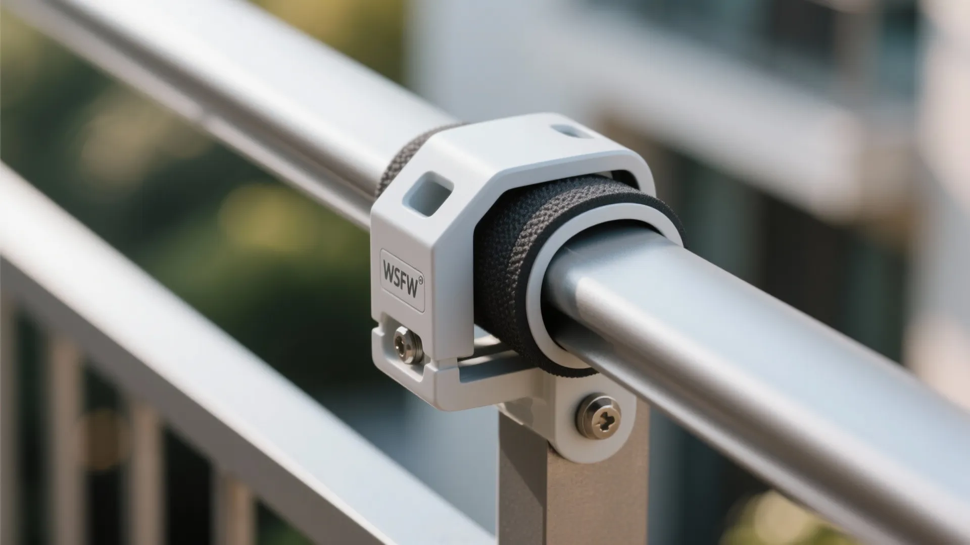 Close-up of a clamp-on balcony bar bracket with rubber padding on a railing.