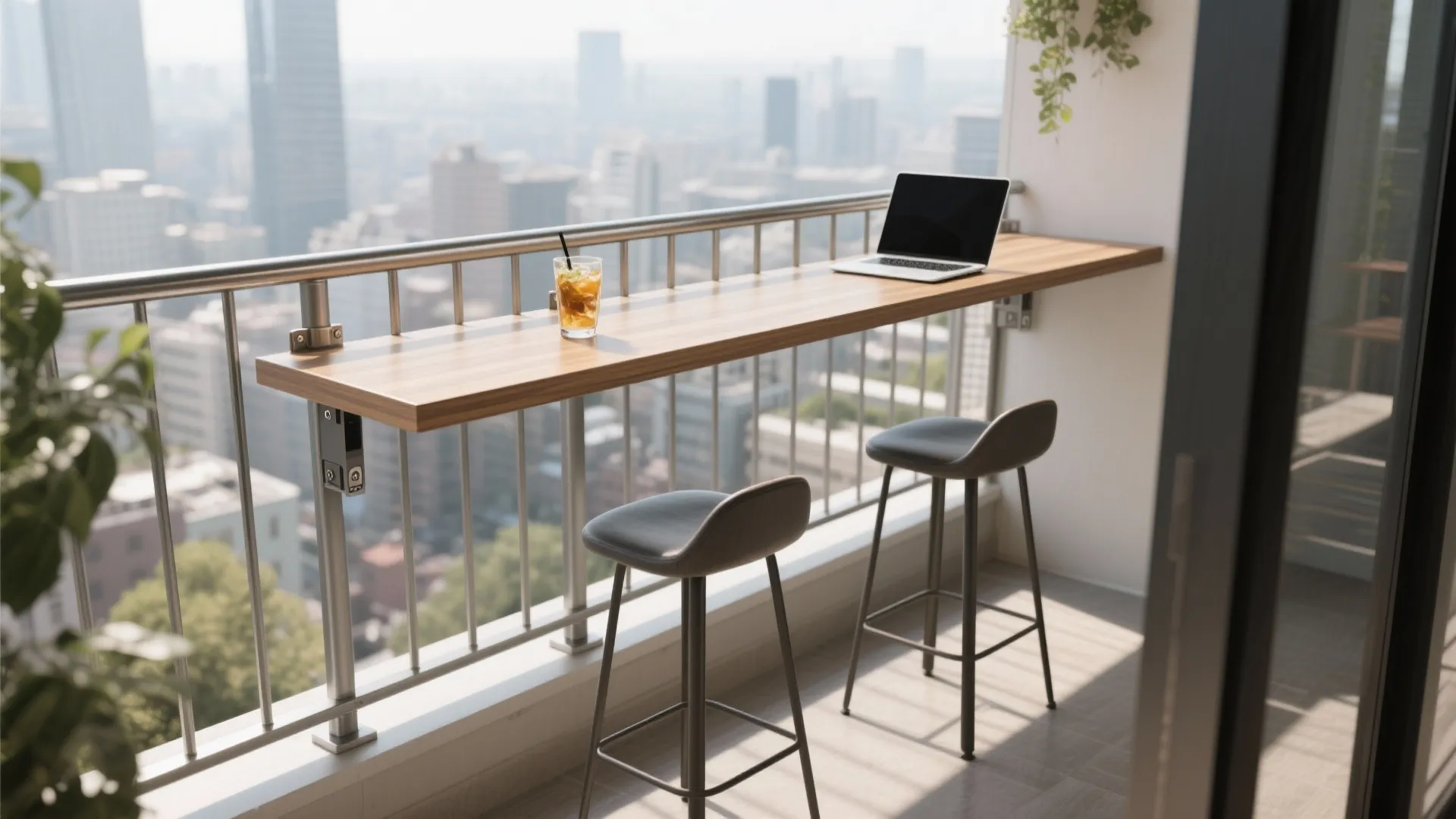 4) Rail-hung bar ledge with high stools