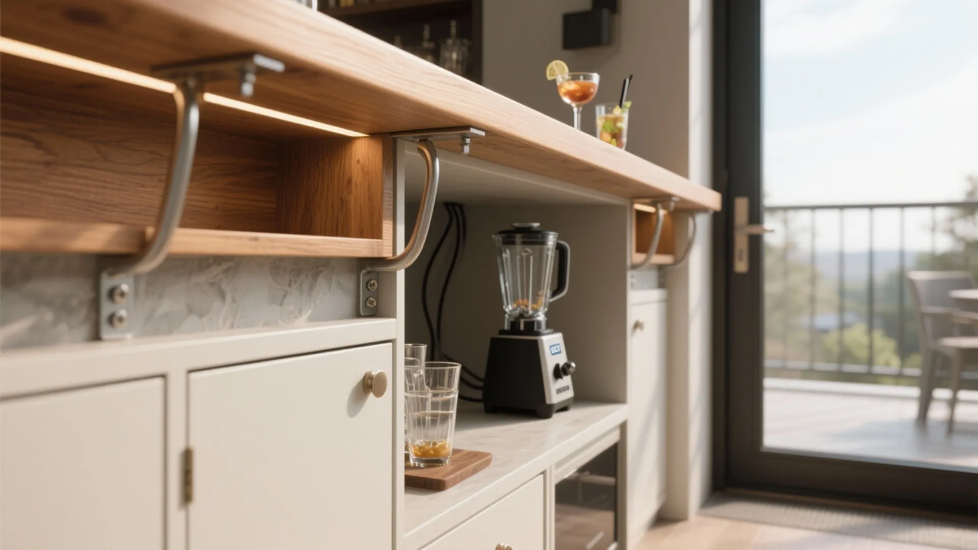 4) Micro-Outdoor Kitchenette: Rail Bar + Plug-in Appliances