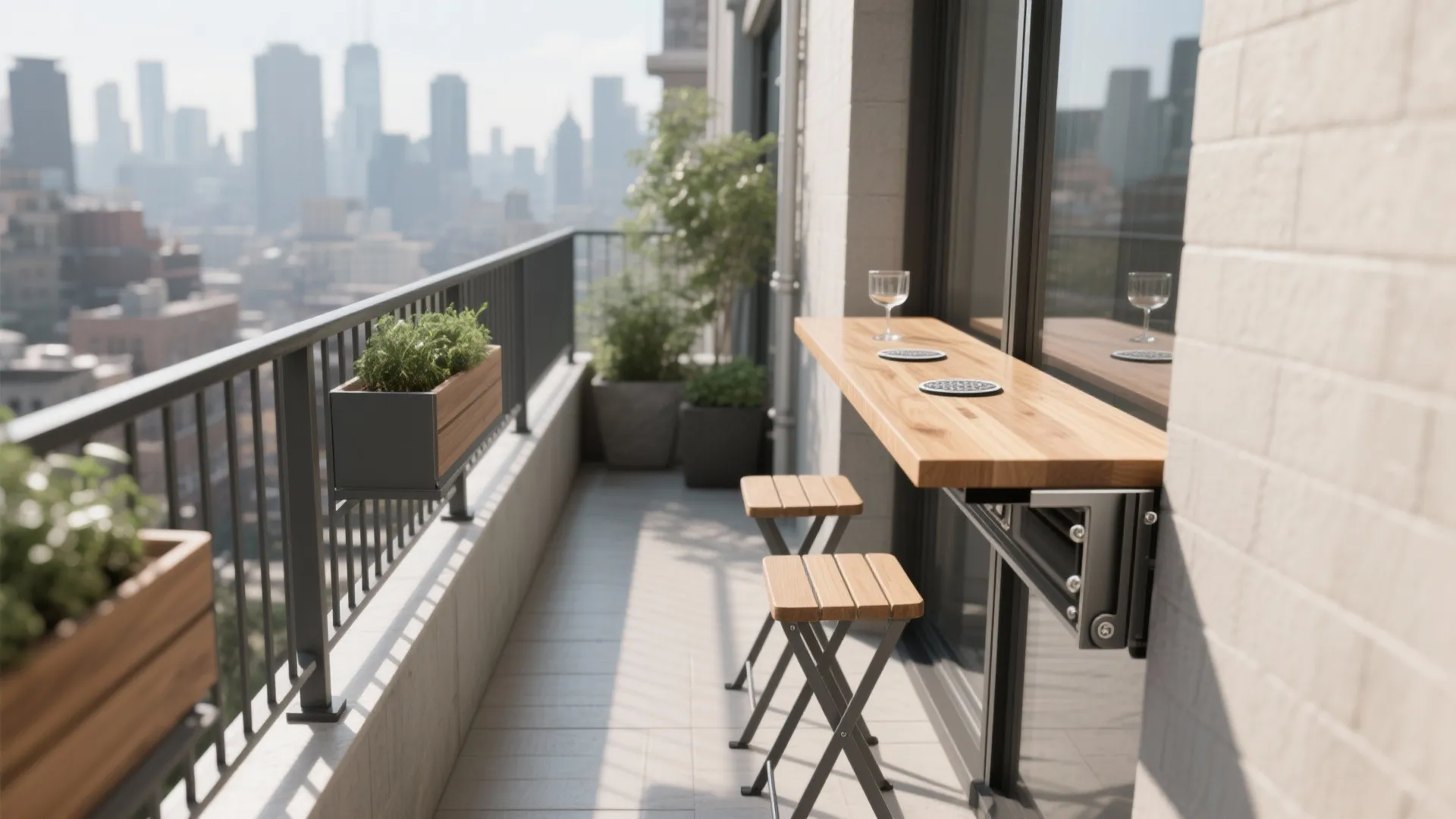 Slim rail-mounted fold-down balcony bar with two folding stools and a city view.