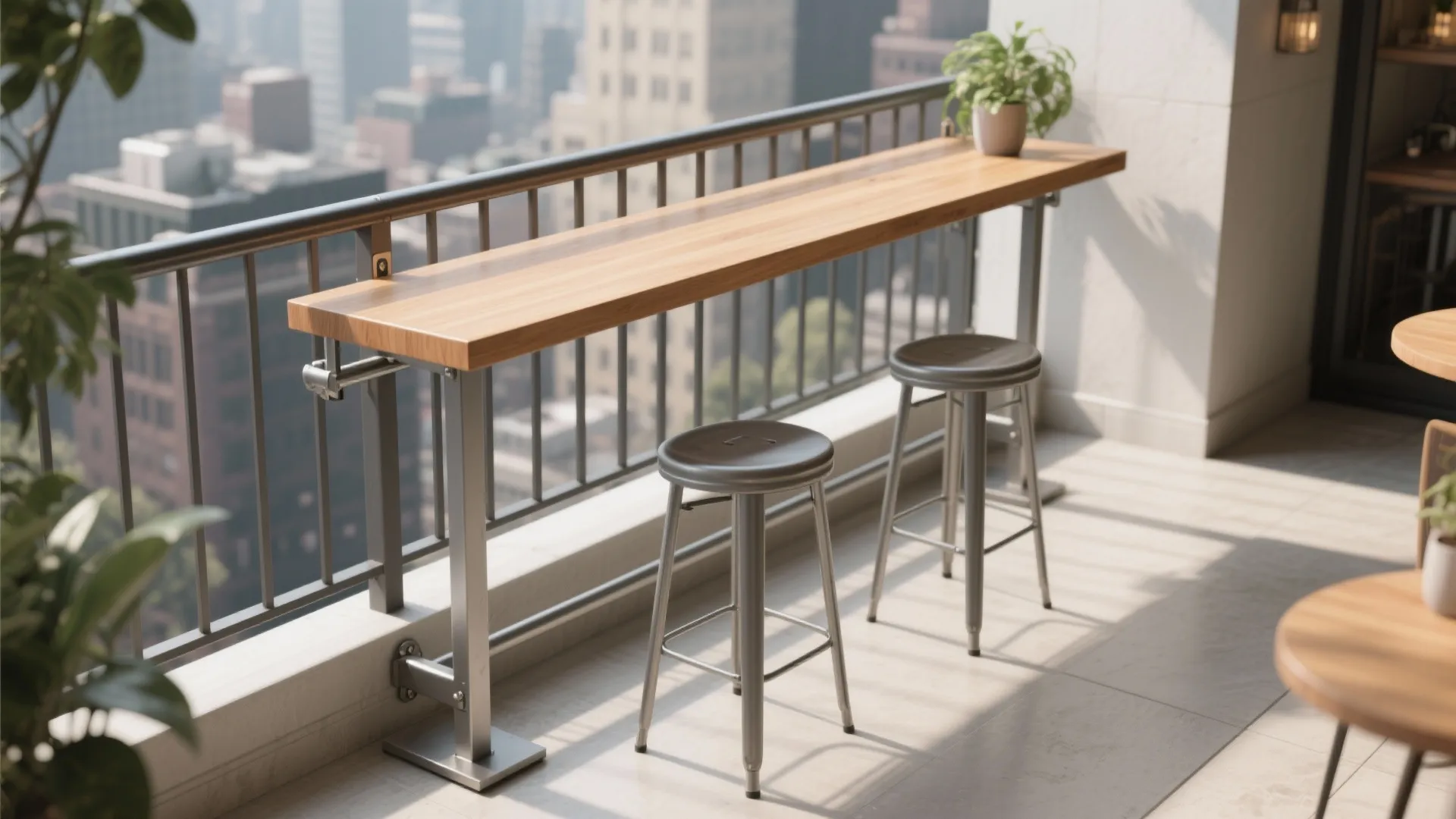 Rail-Mounted Bar Table + Backless Stools