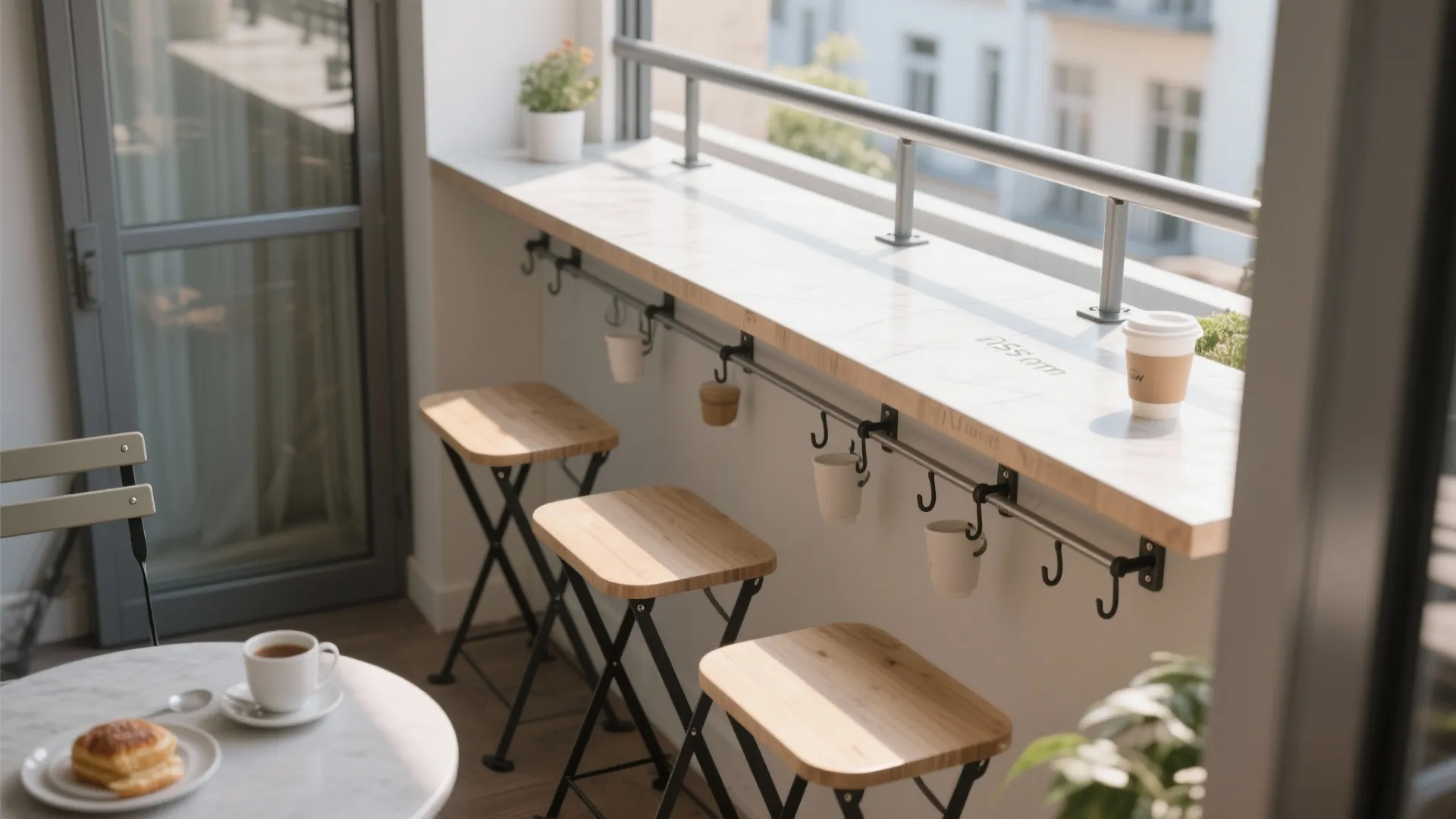 Micro Dining: A Slim Rail Bar and Folding Stools
