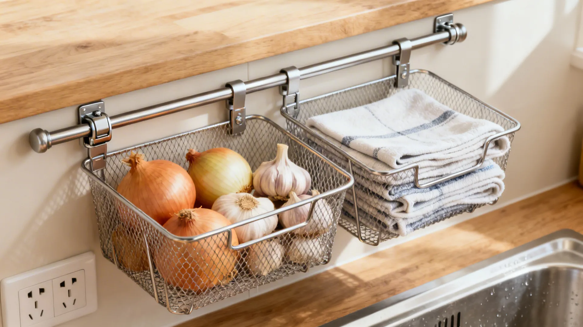Steel rail with locking mesh baskets storing produce and tea towels in a small kitchen.