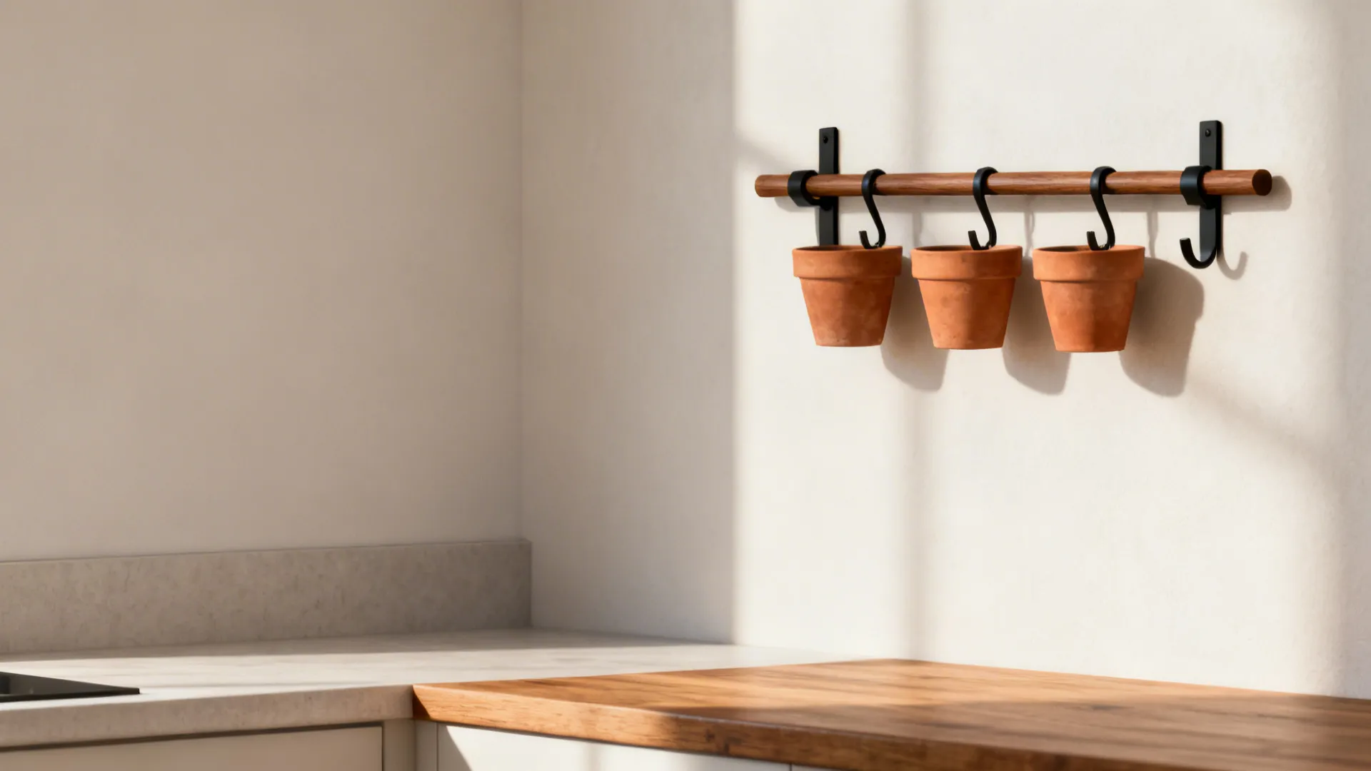 Warm Wood Rail with Clay Pot Hooks