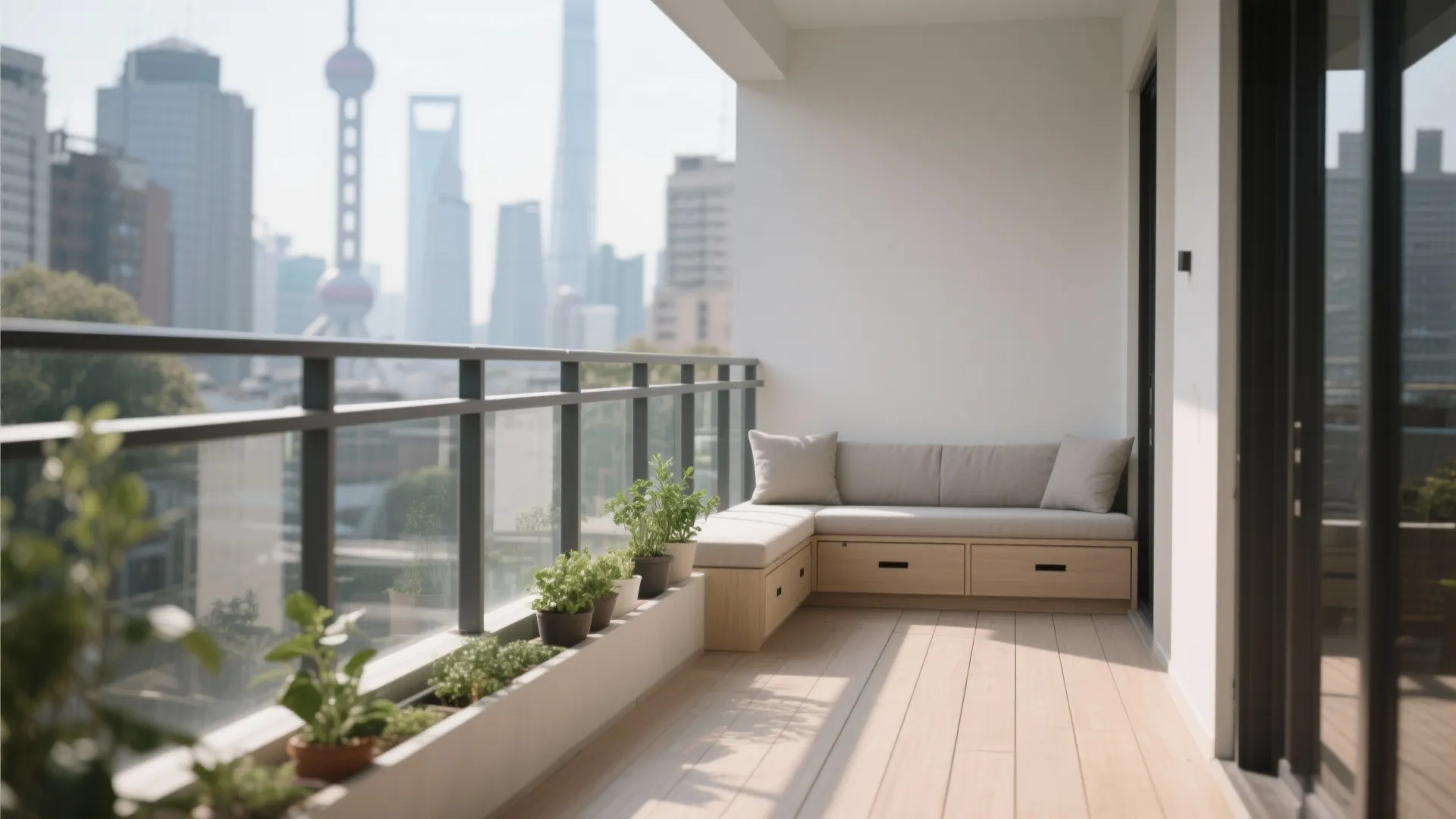 Modern balcony with wooden floor storage bench small green plants glass railing and city view