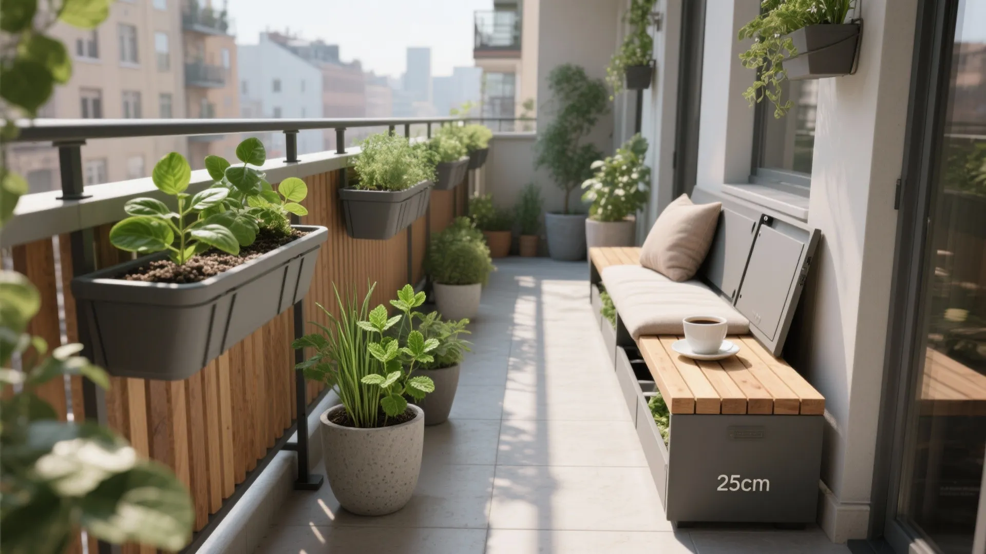 Modern balcony with wooden bench, potted plants on the railing, and coffee cup on seat