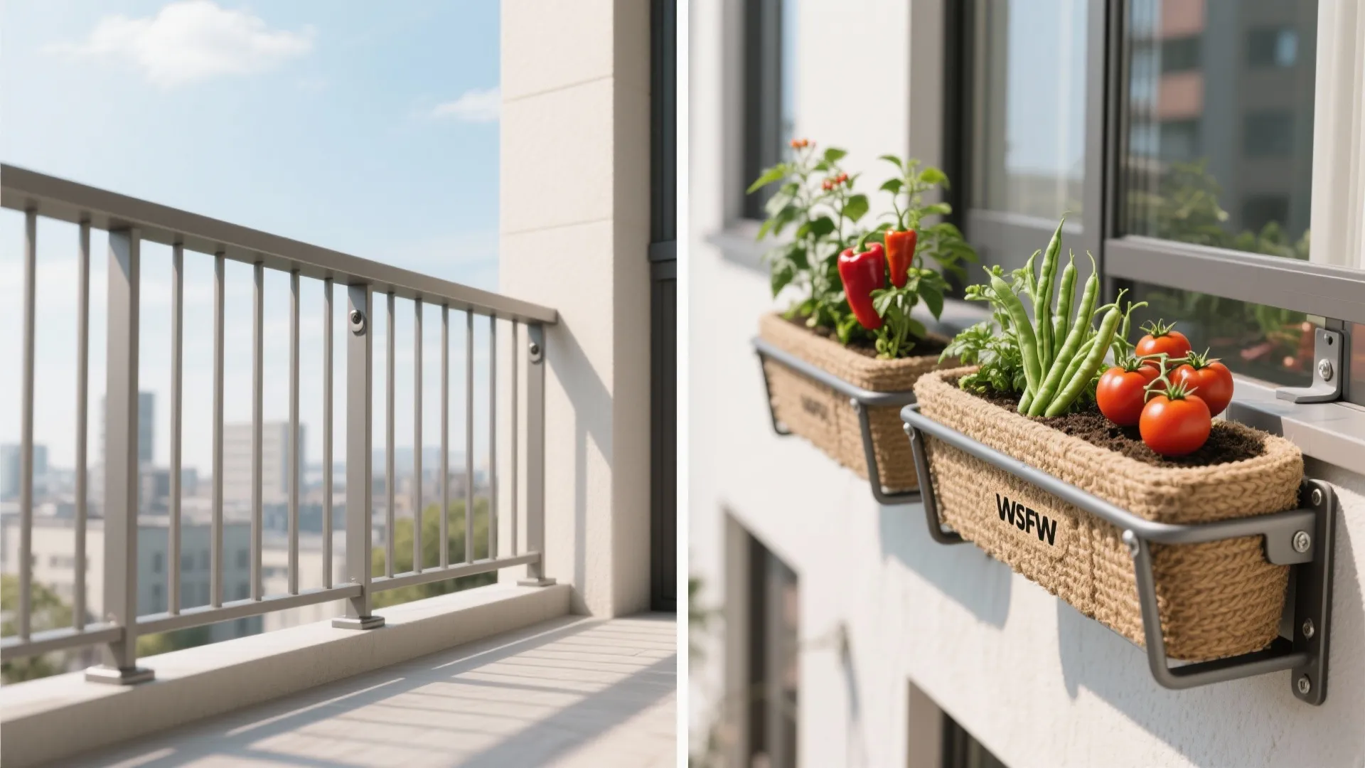 Before-and-after of balcony railing with brackets and then planter boxes filled with dwarf vegetables.