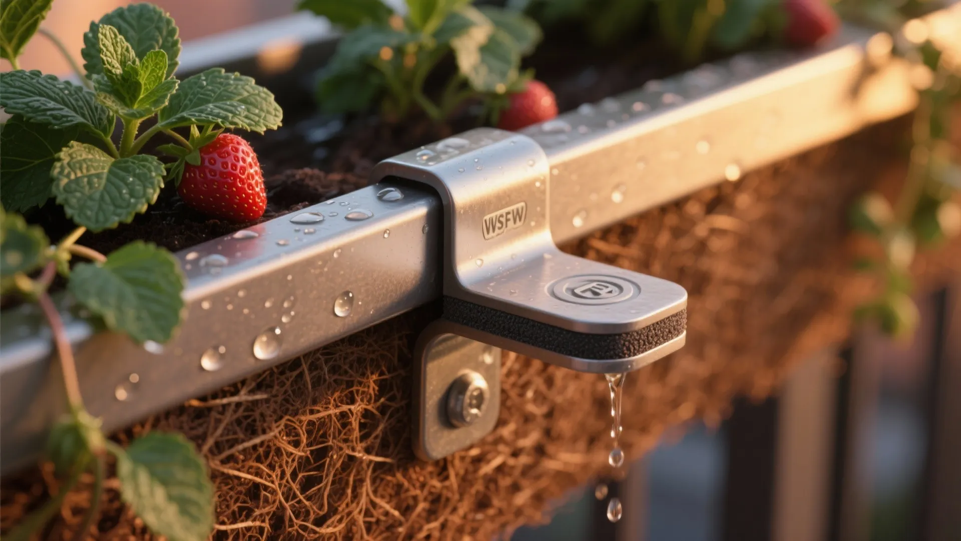Metal bracket attached to a planter box with strawberries and green leaves on wood balcony