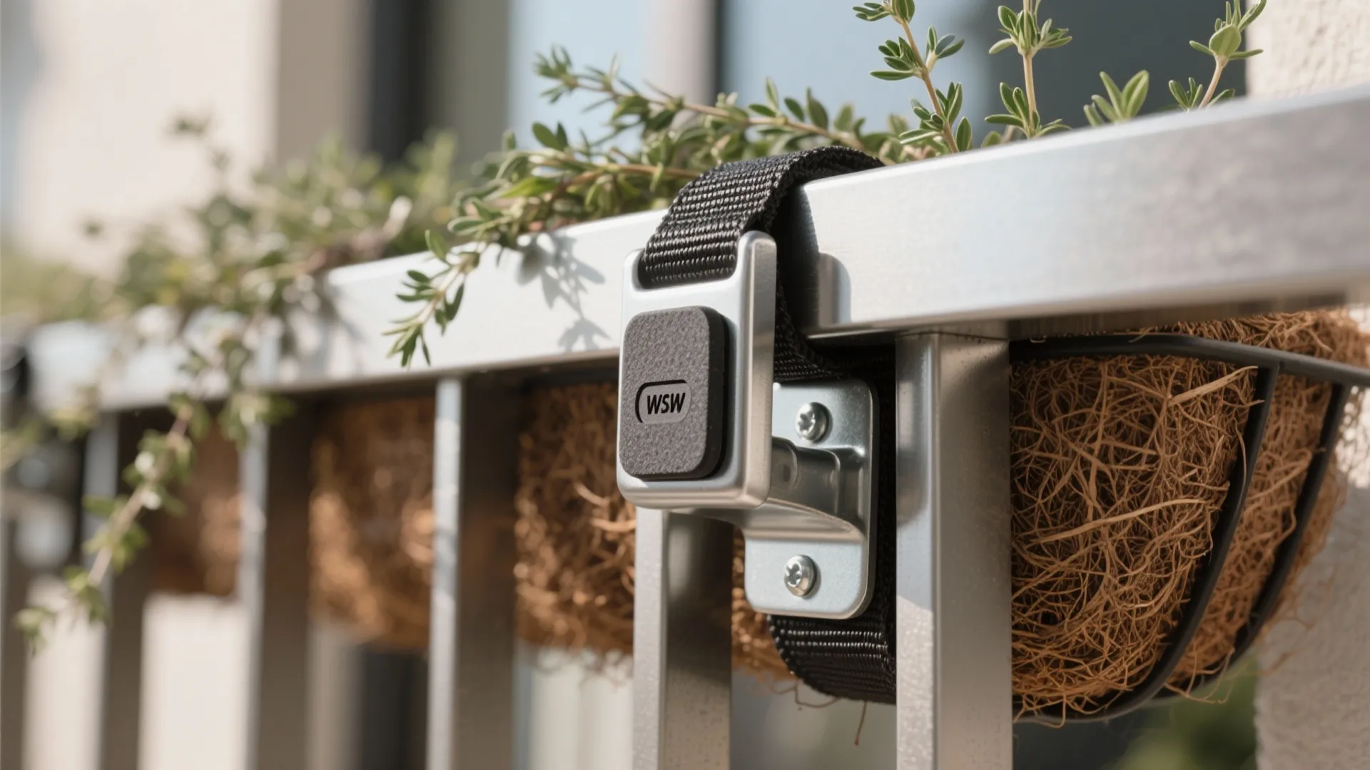 Macro of stainless rail bracket with rubber pad, safety strap, and coco coir liner supporting cascading thyme.