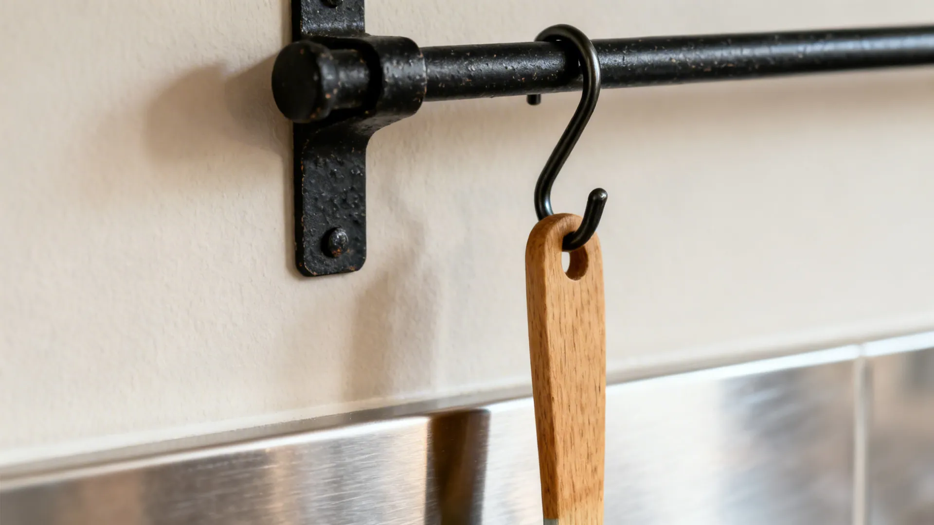 Macro of a blackened steel rail bracket and S-hook with a wooden-handled utensil.