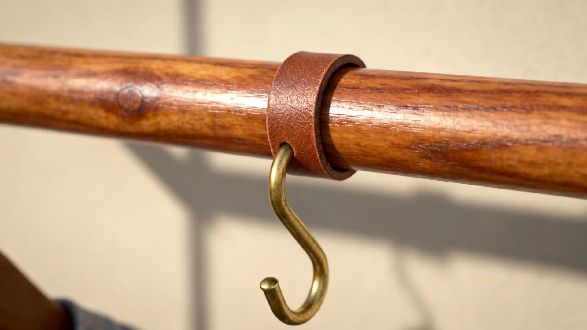 Macro of an oiled oak rail with a leather loop and a brass S-hook.