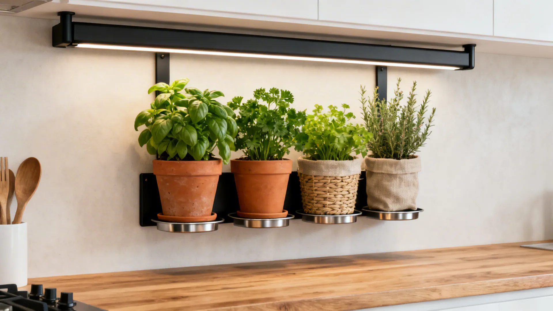 Wall-mounted black metal rail with breathable terracotta and fabric herb pots above a small kitchen counter.