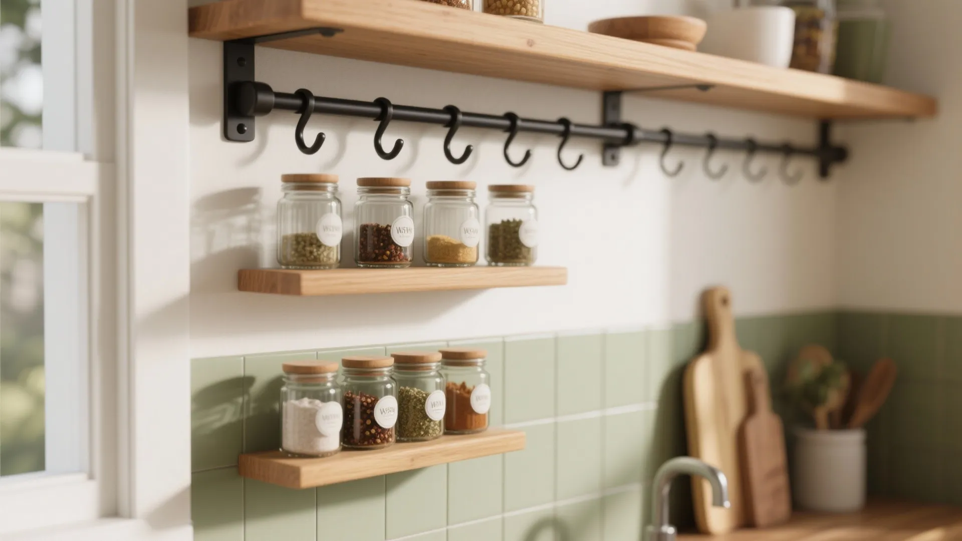 Small wood wall shelves holding glass spice jars above green tiles and a black rail