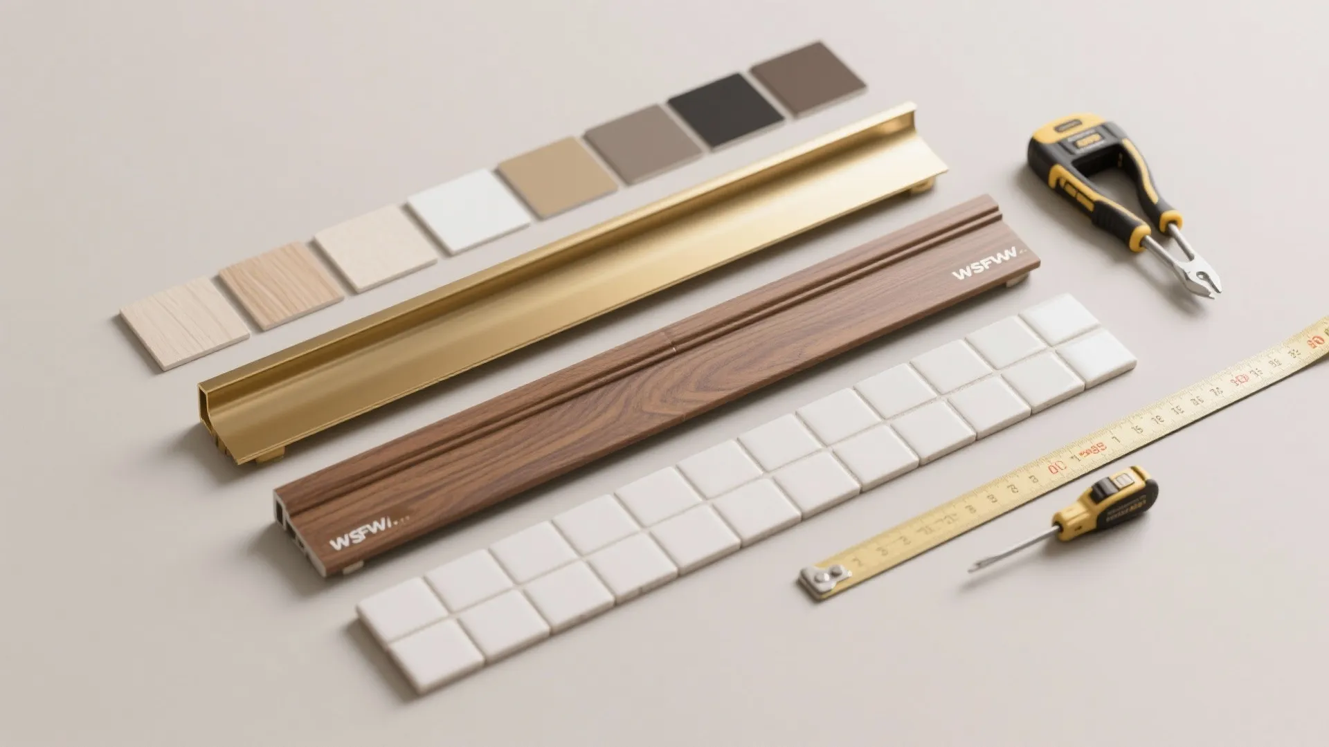 Flatlay of custom rail cover samples including brass, painted wood, and tile cladding with material swatches.