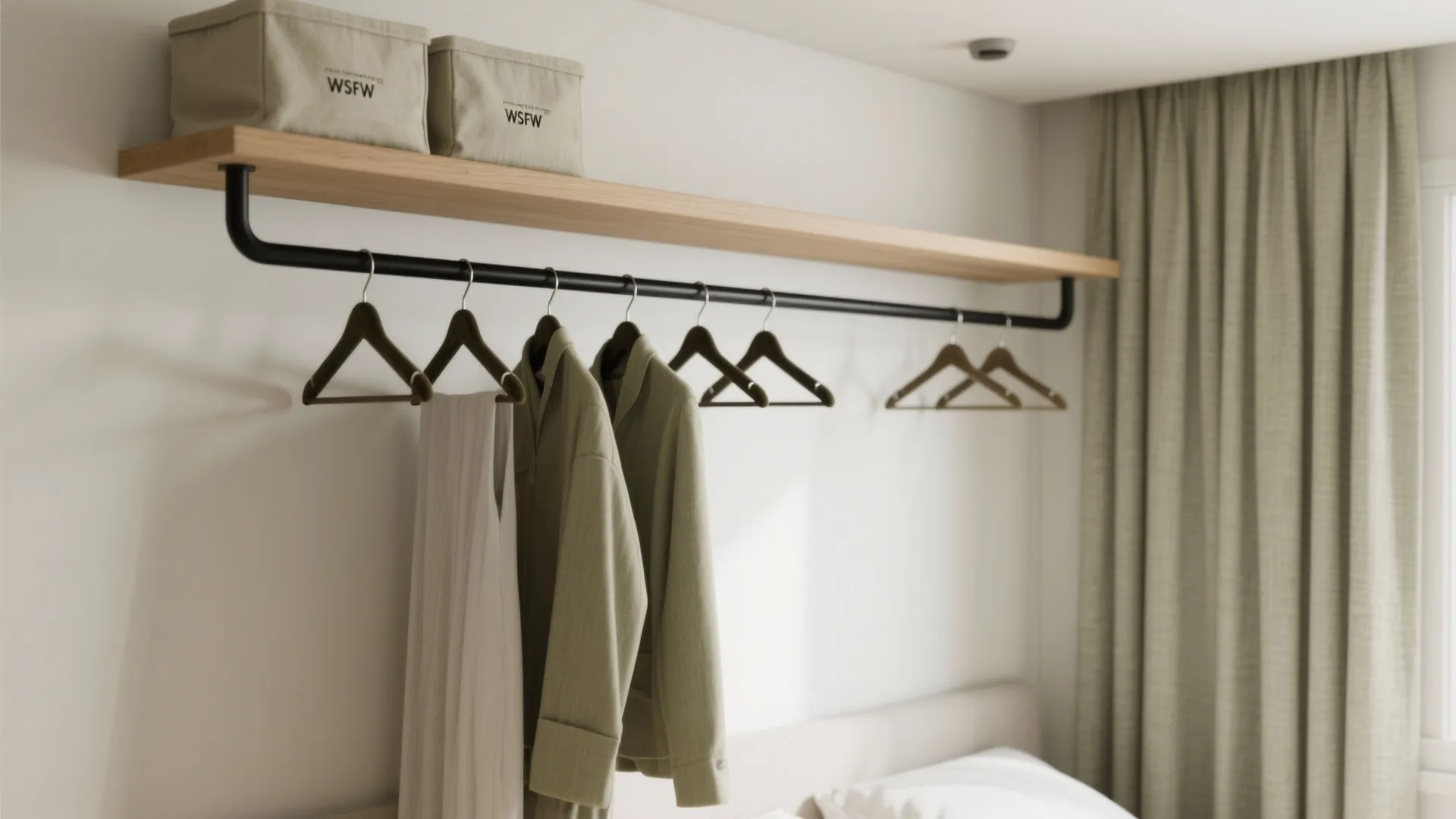 Minimalist wall mounted clothes rail with wooden shelf and green fabric storage boxes in bedroom