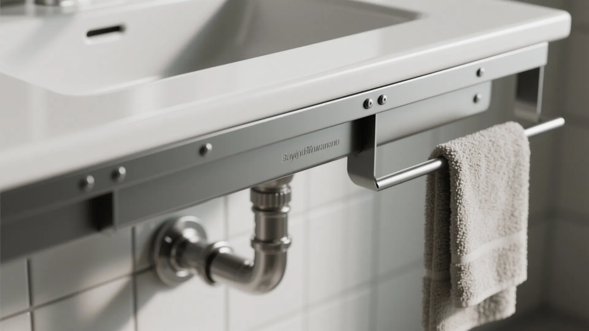 Macro of powder-coated under-sink rails with concealed brackets and chrome trap