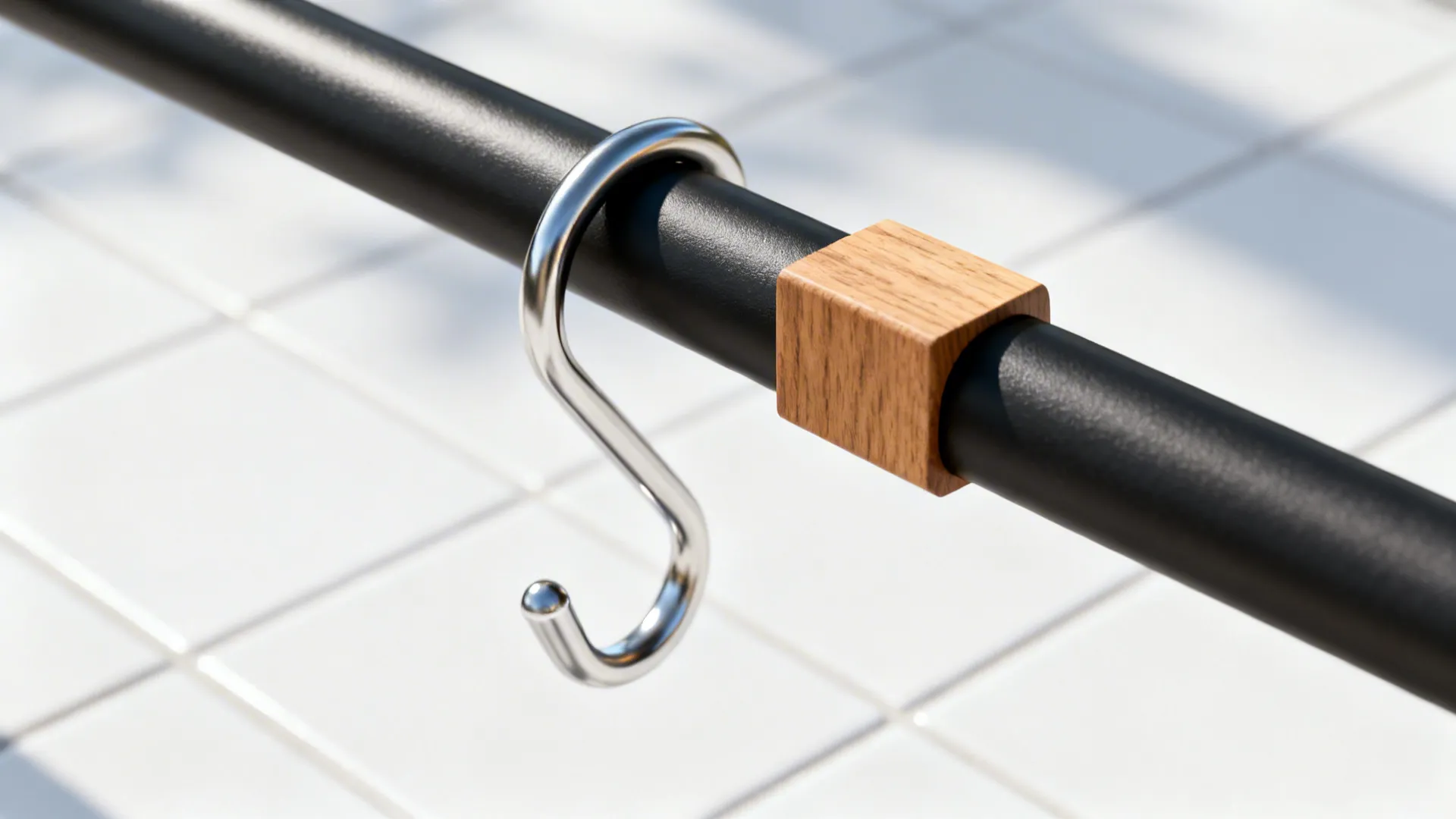 Close up of black metal rod with silver hook and small wood block on tiles