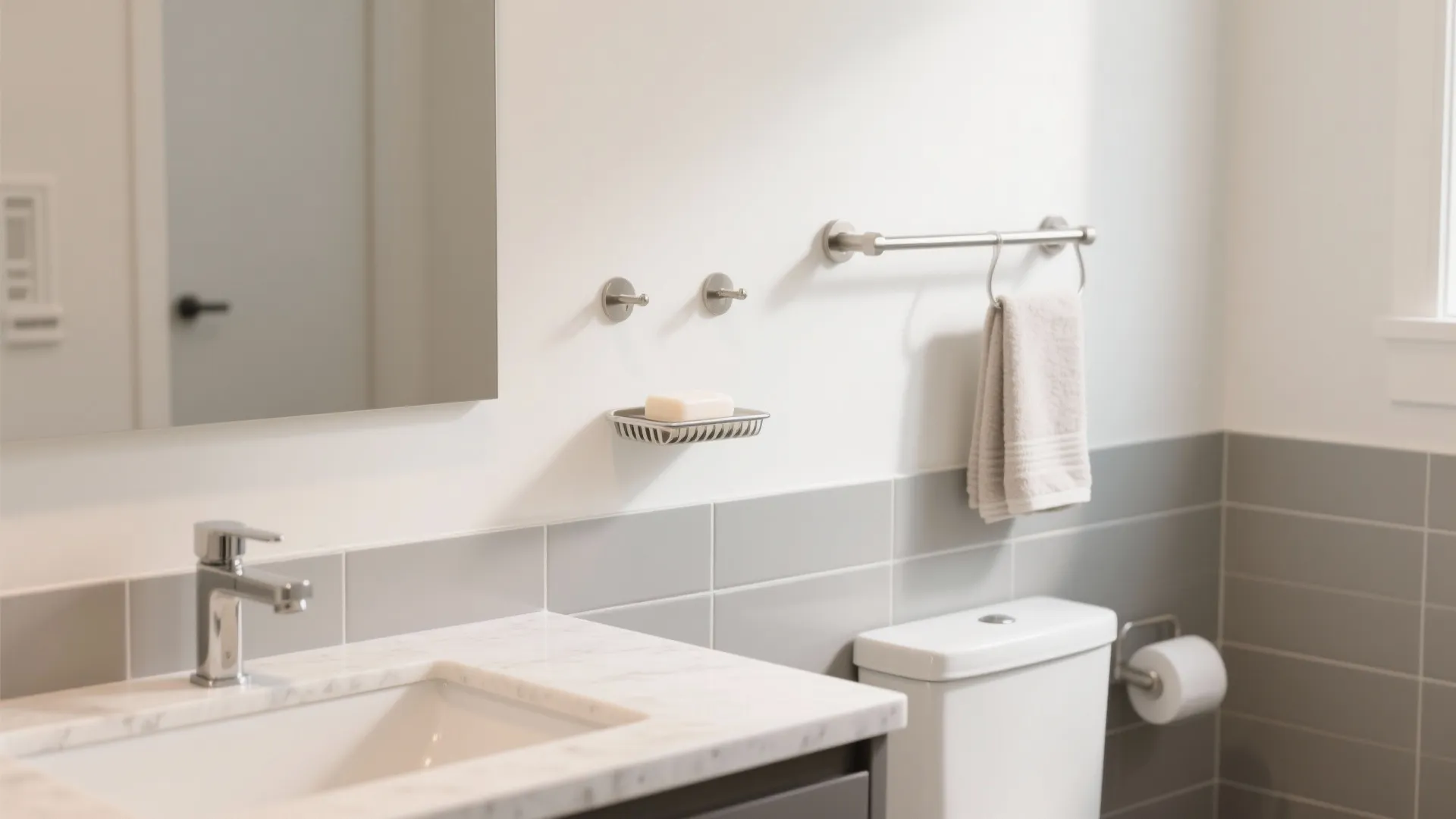 Bathroom interior with white sink grey wall tiles towel rack soap holder and white toilet