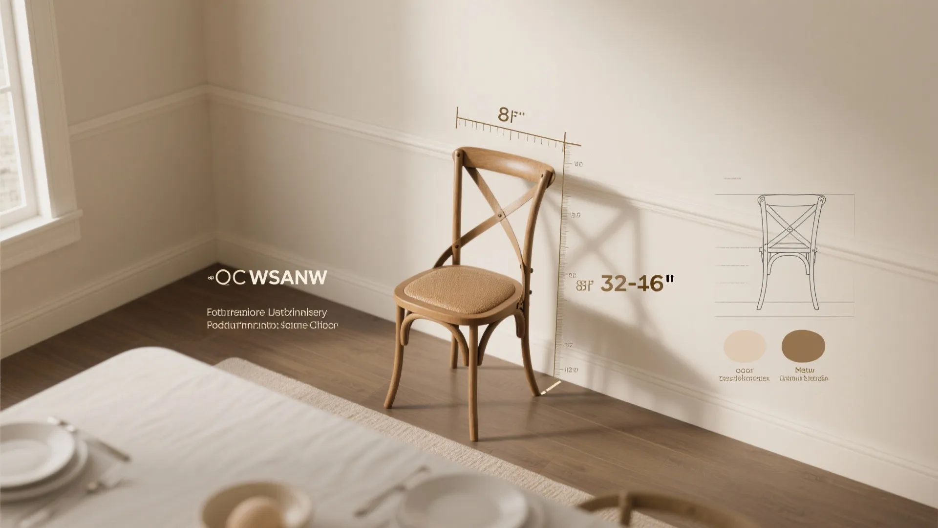 Wooden dining chair standing against a wall showing height measurements and a small technical diagram