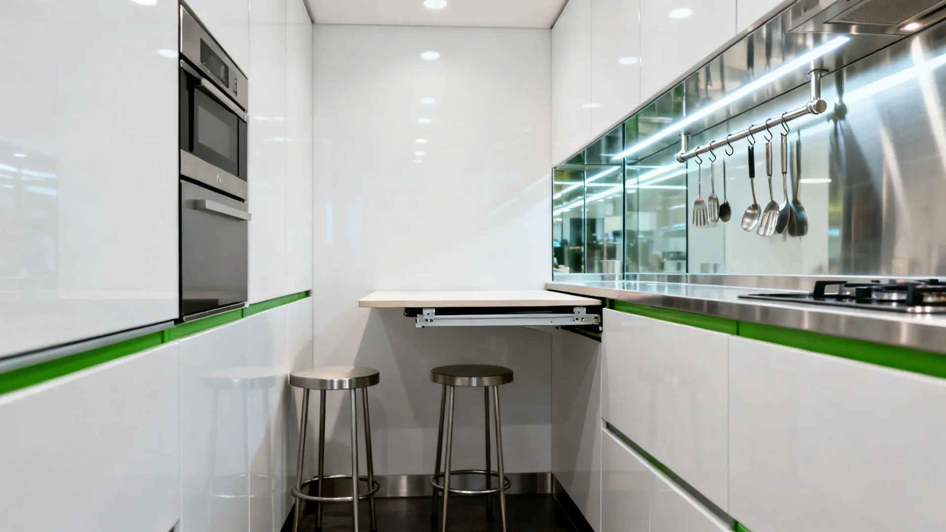 Slim fold-down table under a stainless rail with utensils and a reflective backsplash.