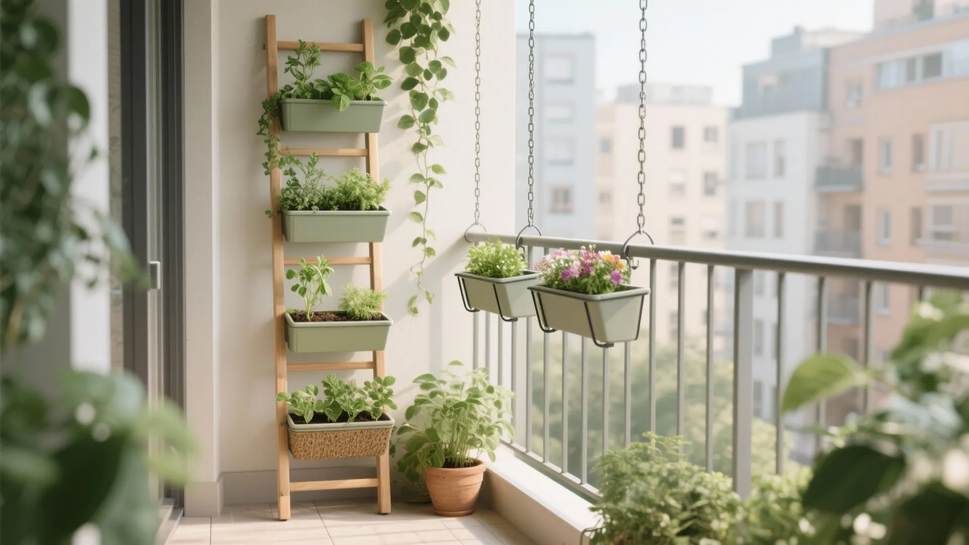 Vertical planters and a rail-hung micro-garden
