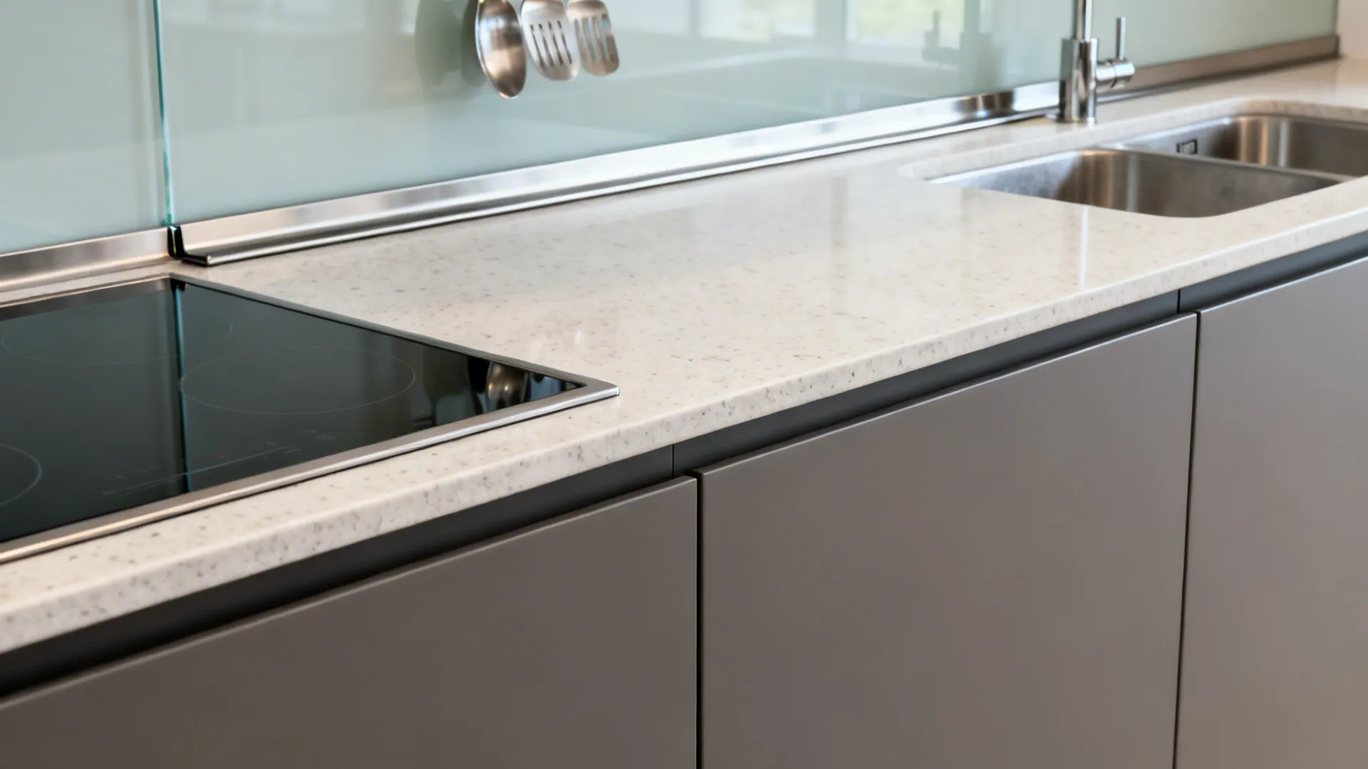 Kitchen countertop with black electric cooktop white stone surface stainless steel sink and grey cabinets