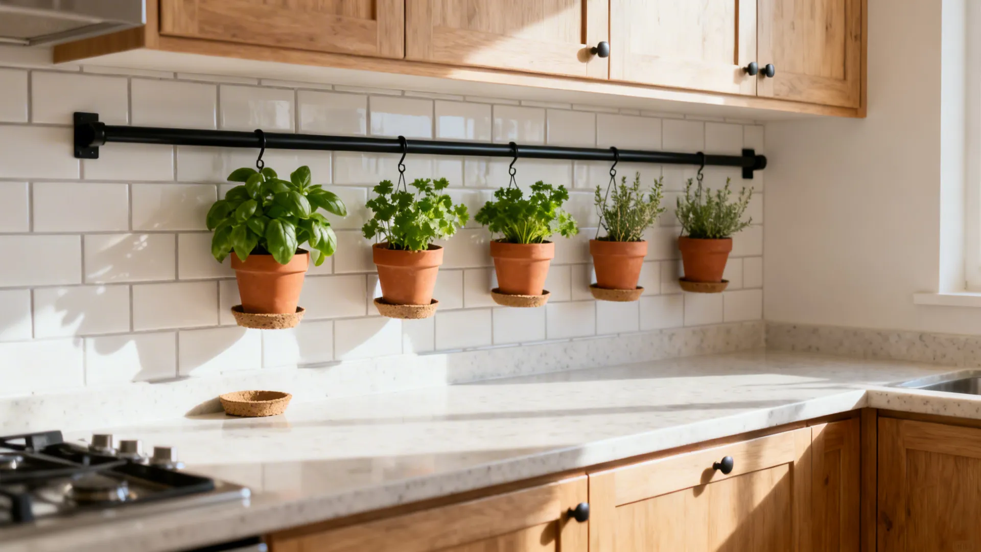 Slim matte-black rail with terracotta pots of herbs above a clean L-shaped countertop.