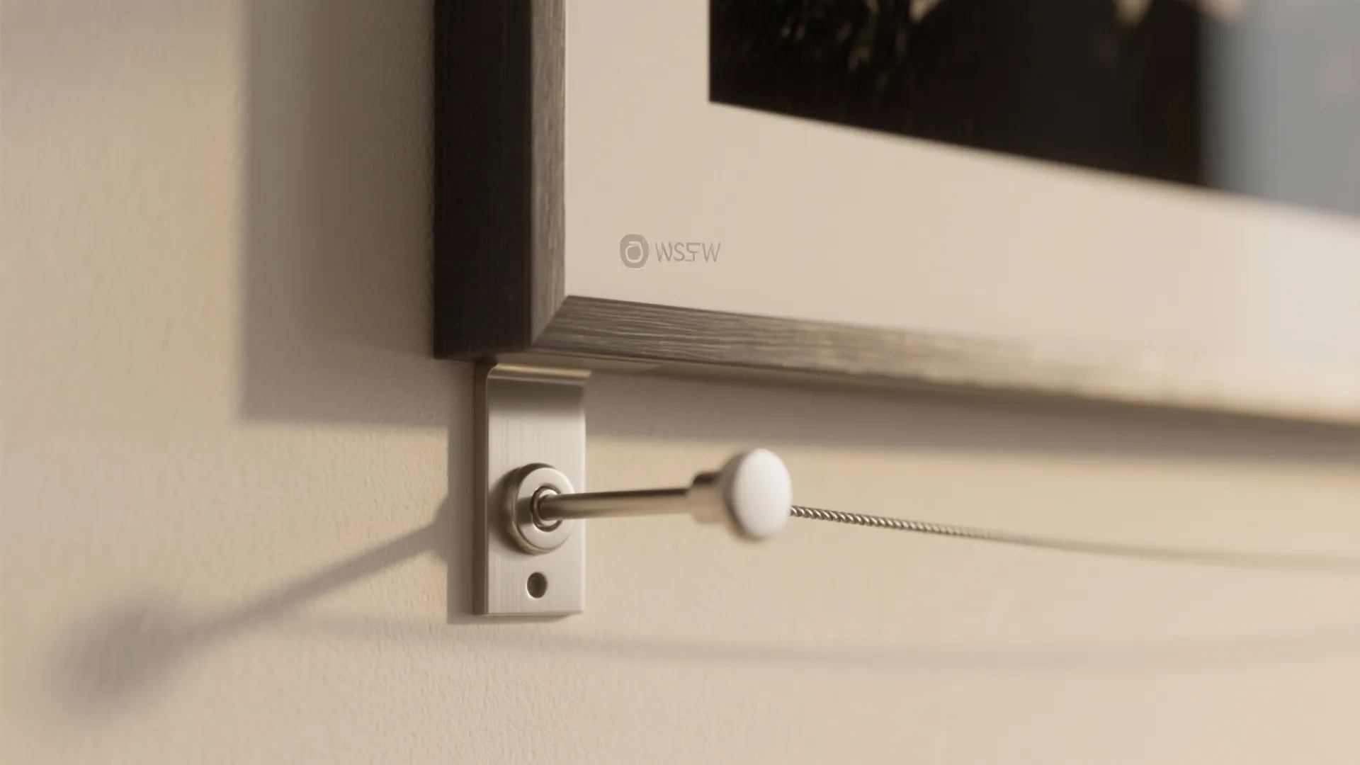 Close-up of a picture hanging system with a metal wire and bracket on a wall