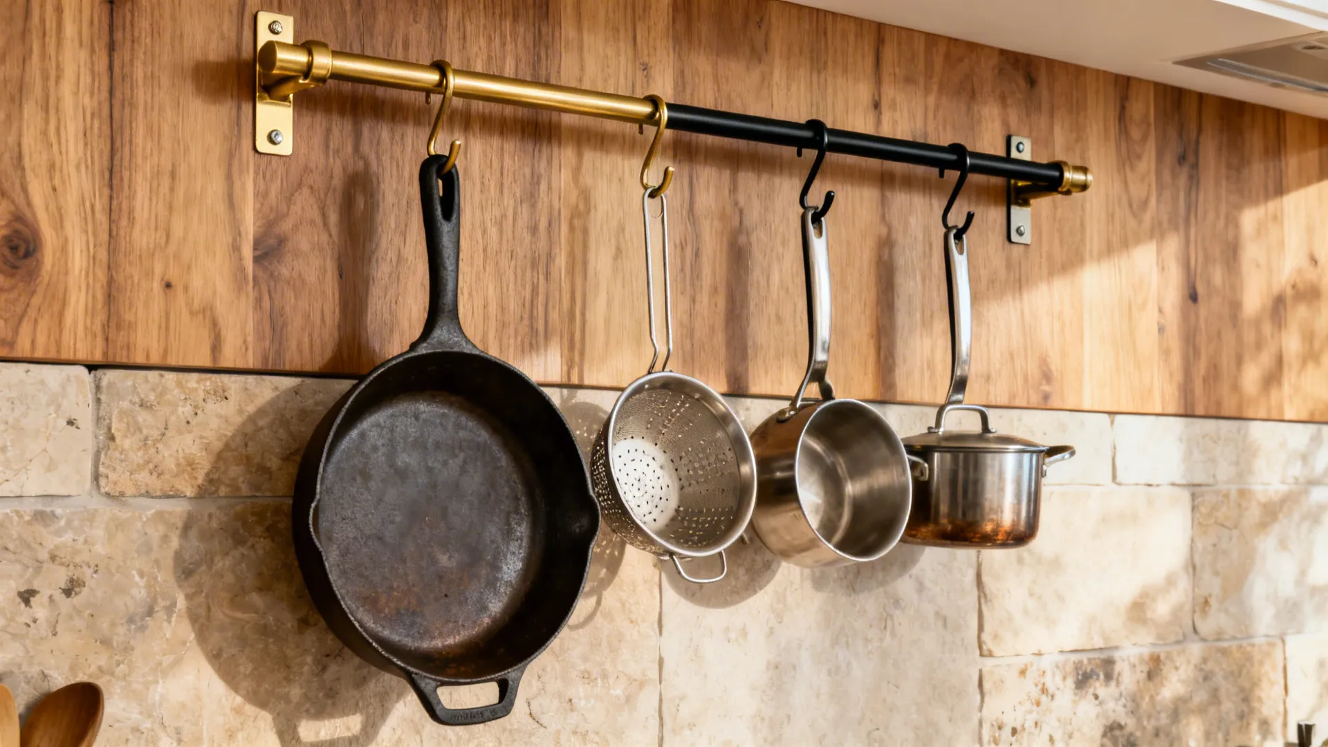 Slim wall rail with S-hooks securely holding heavy pans in a small kitchen.