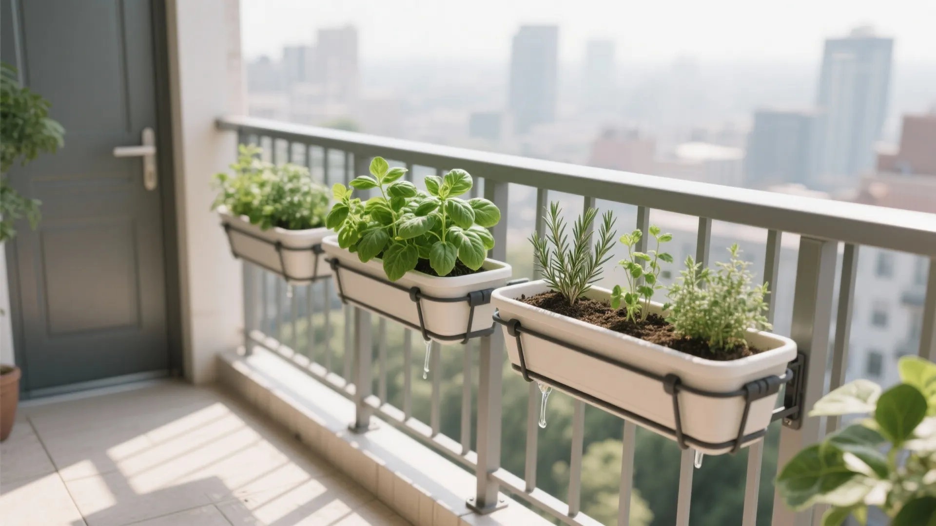Rail-mounted herb planters with drip trays keep the balcony floor clear.