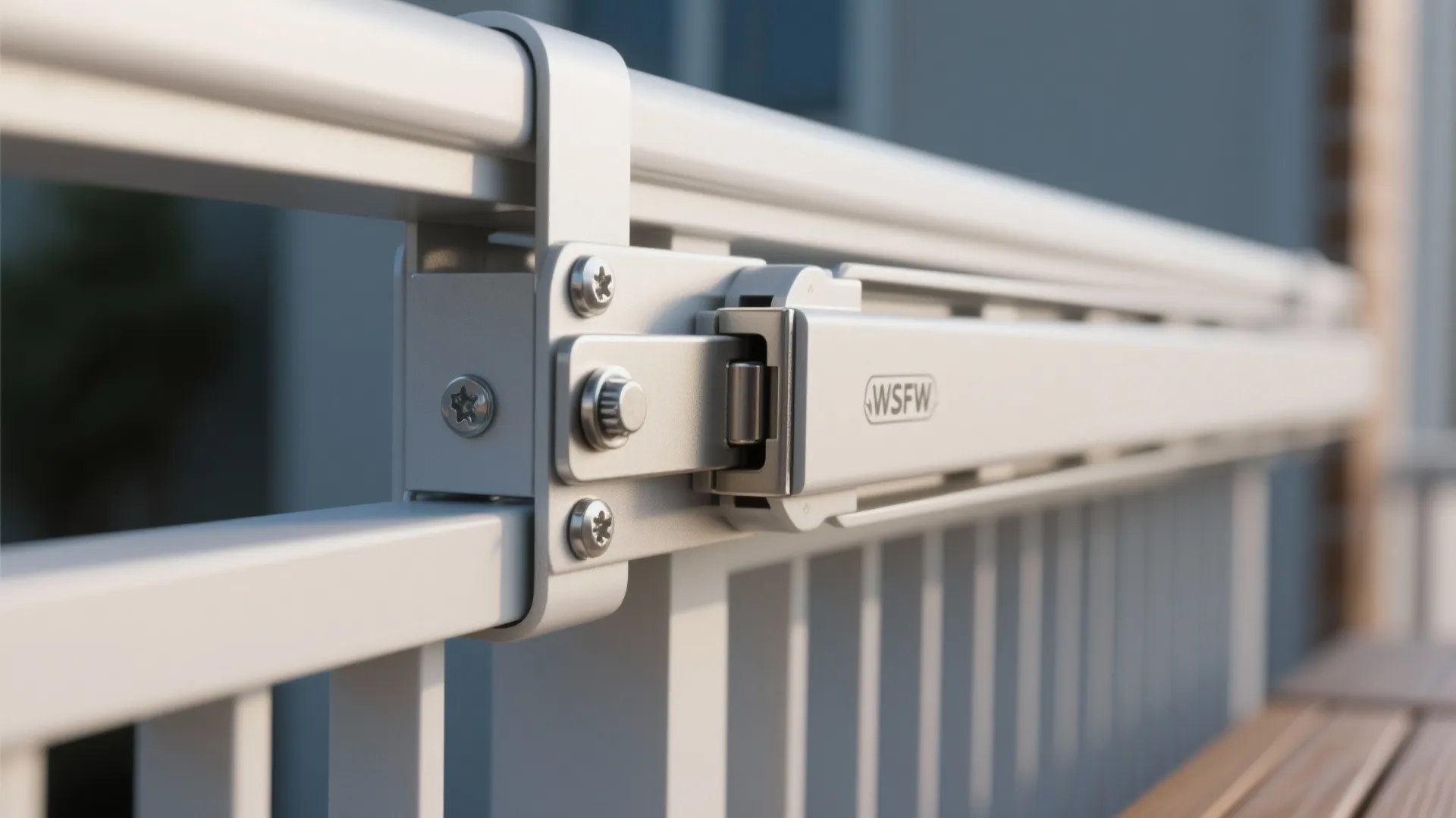 Macro of marine-grade powder-coated aluminum hinge for a fold-down balcony rail table.