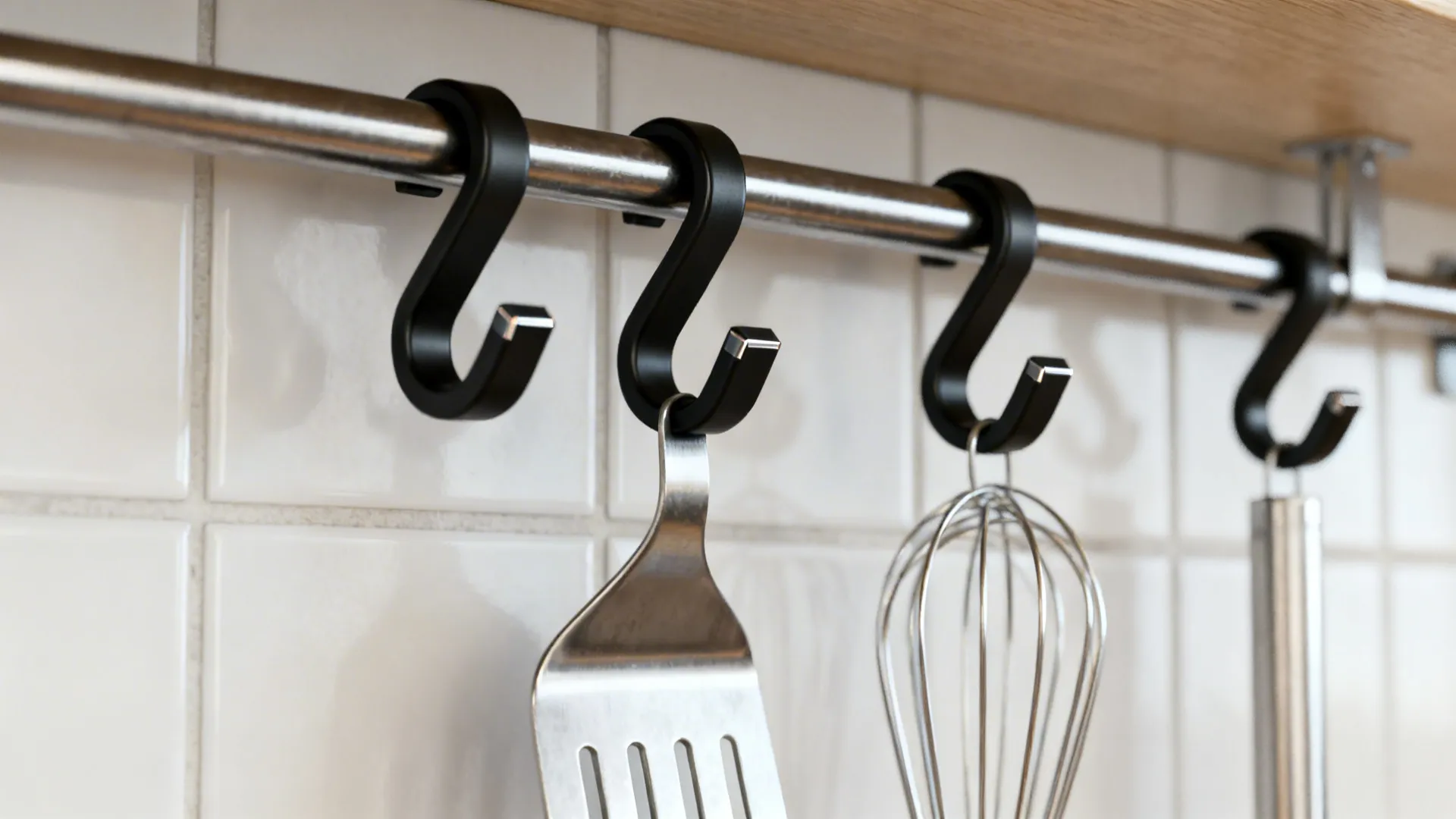 Close-up of matte black rail and S-hooks holding stainless utensils.