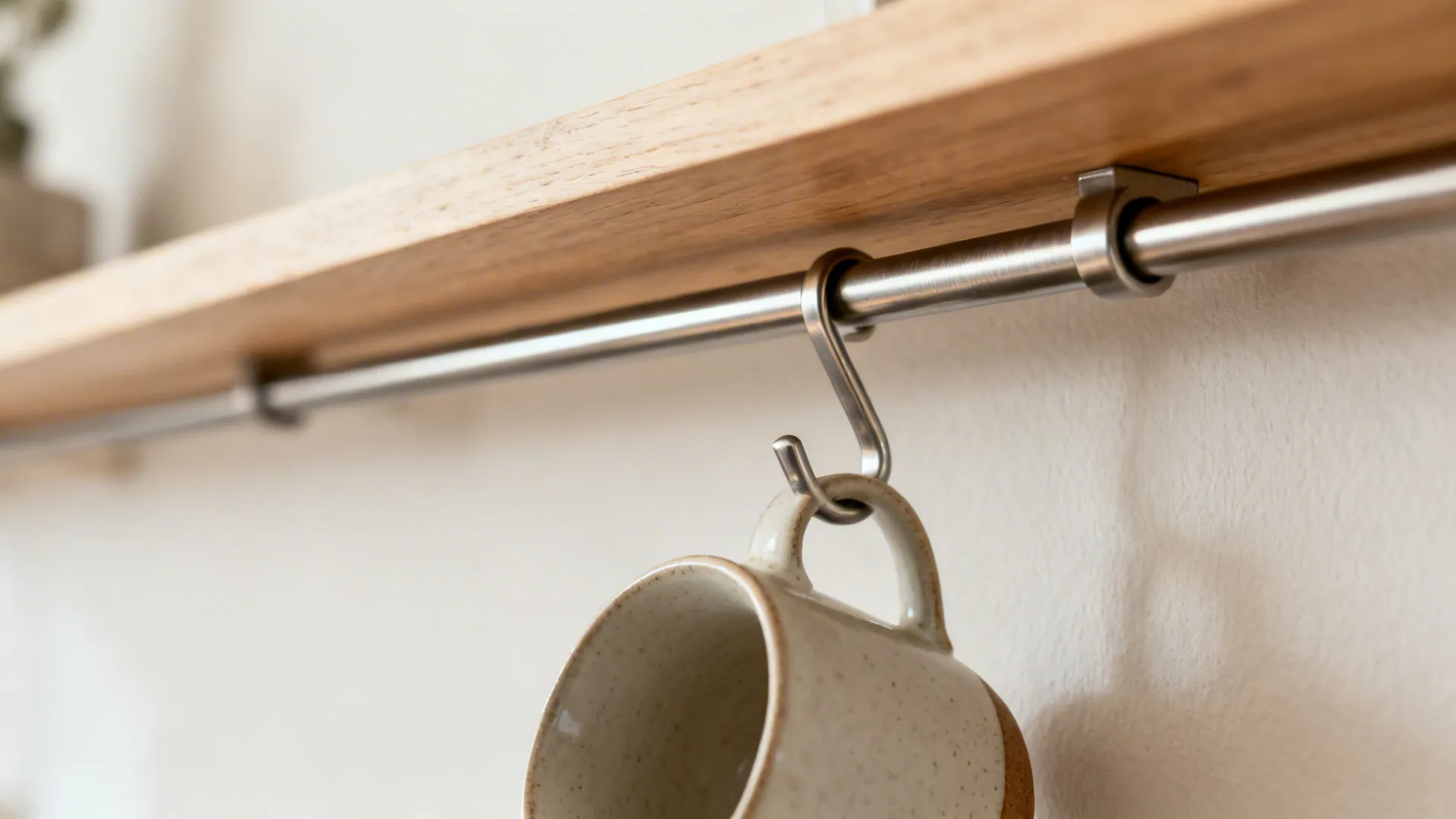 Close-up of a brushed metal rail hook holding a ceramic mug against a matte wall.