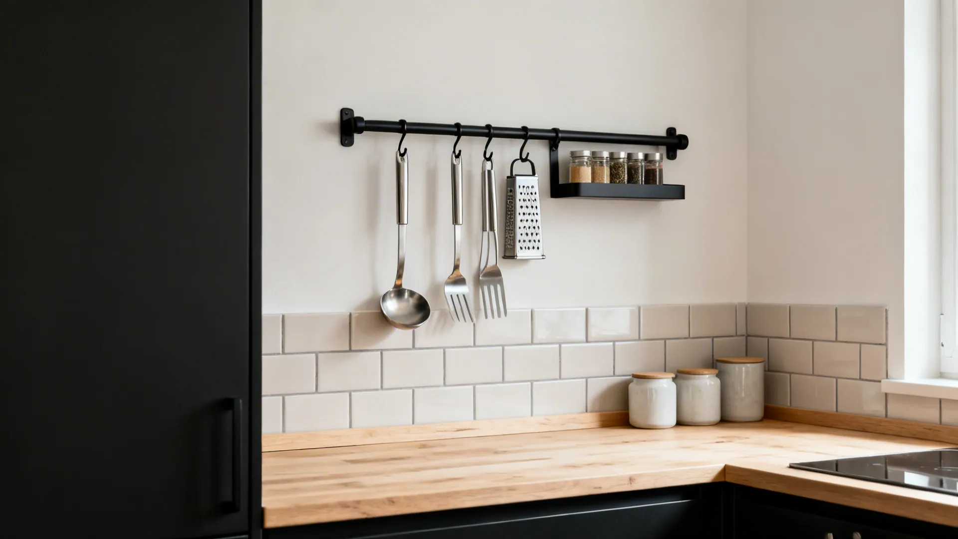 Matte black kitchen rail with hooks for daily tools and a mini spice shelf above a light backsplash.