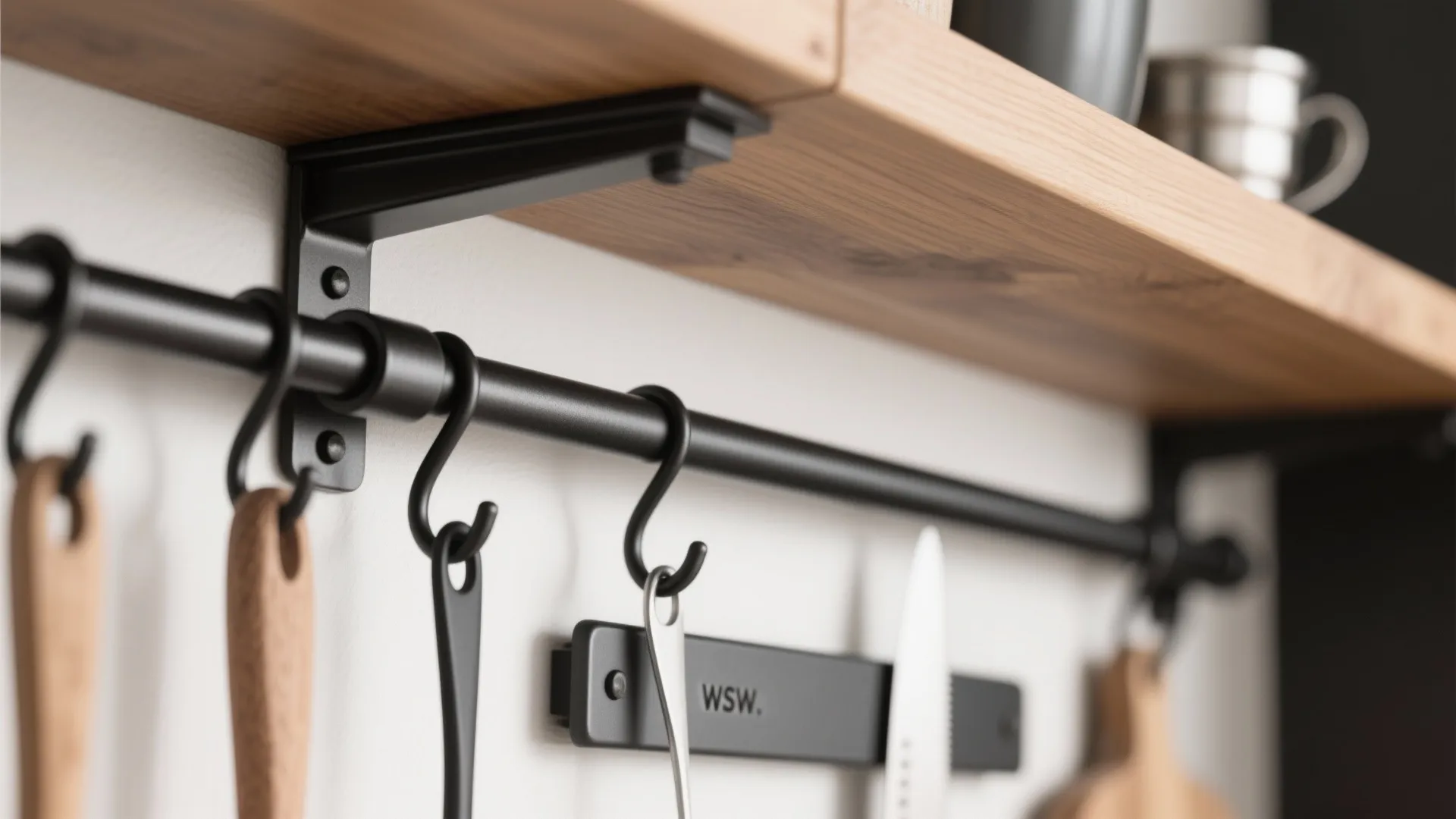 2) Open-shelf meets rail: the “chef’s strip” wall