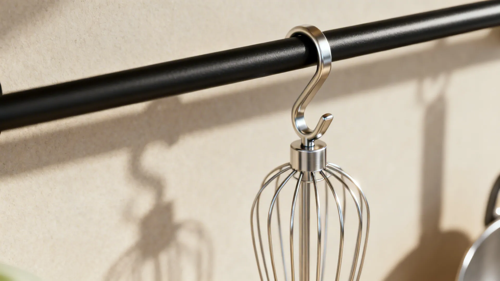 Macro of a matte black kitchen rail with a stainless S-hook holding a whisk.