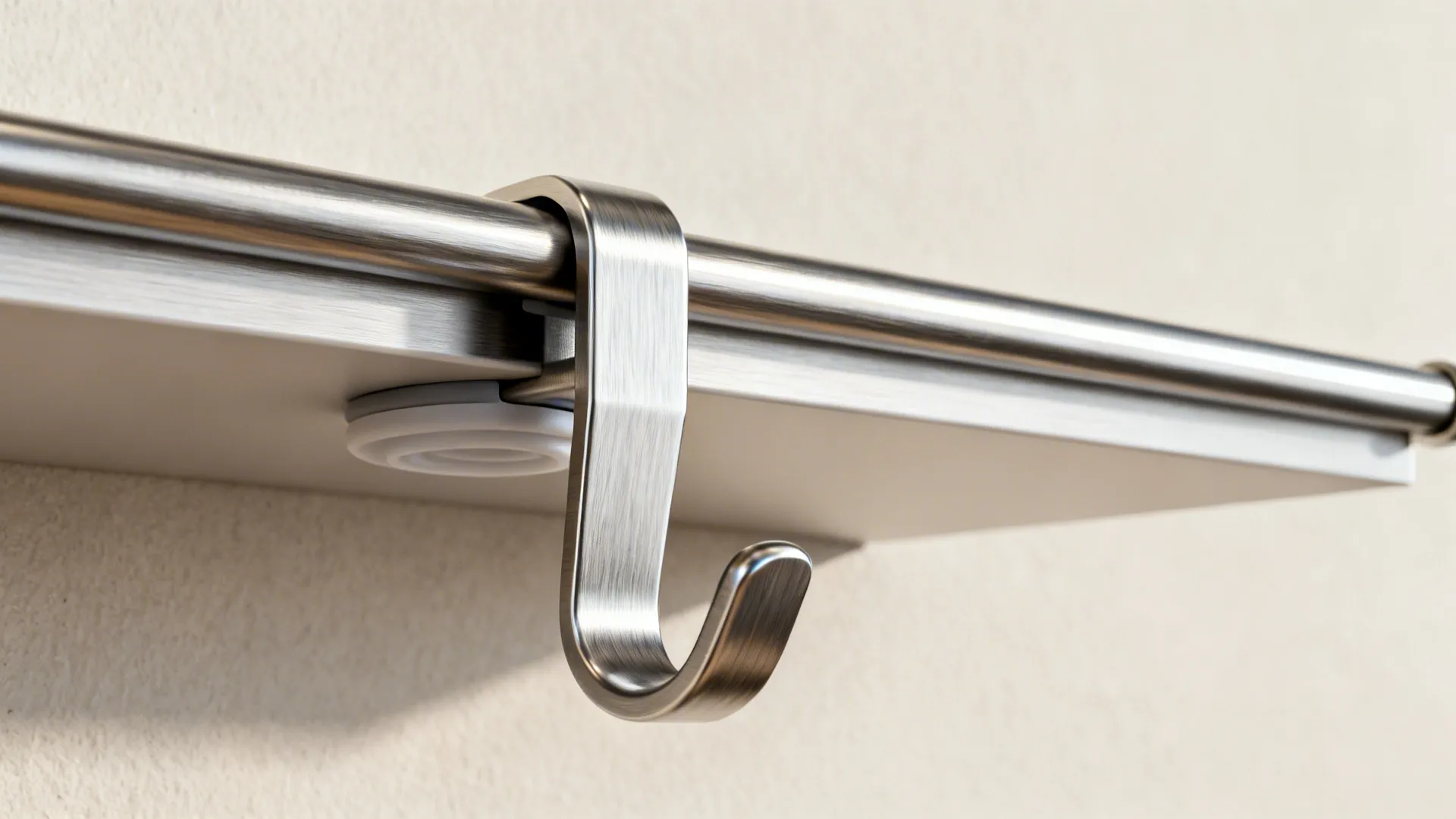 Close-up of a brushed steel kitchen rail hook with a silicone silencer.