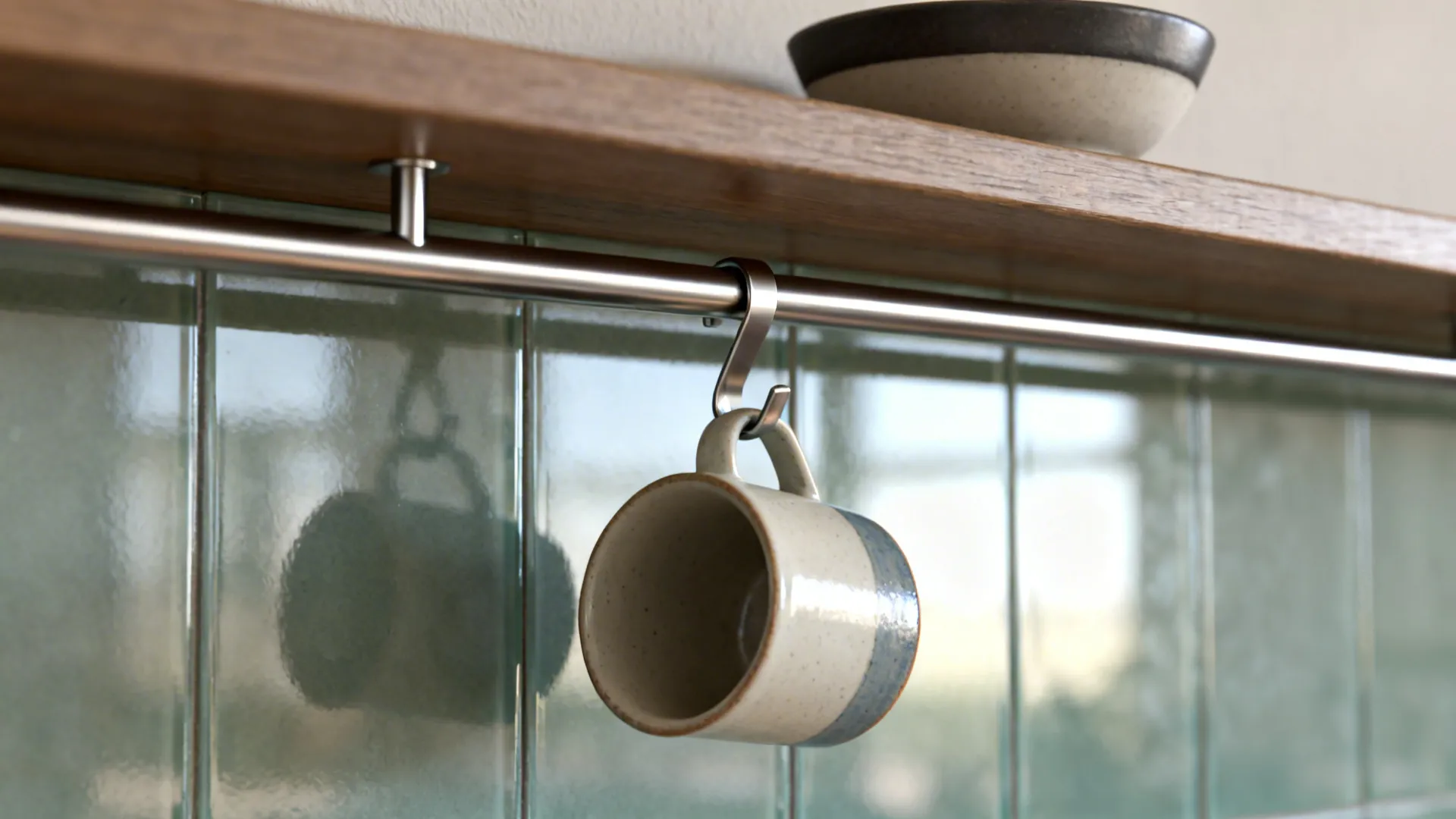 Macro view of a brushed metal hook holding a mug beneath a slim rail with glass backsplash reflections.