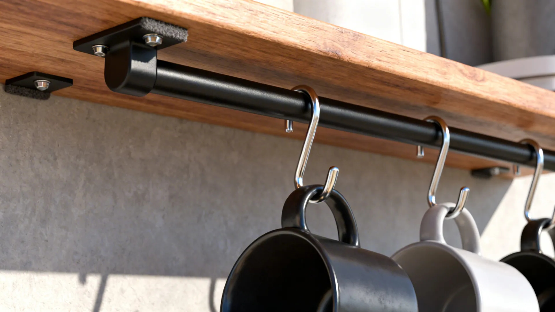 Close-up of a matte black under-shelf rail with stainless S-hooks holding a mug, mounted under wood.