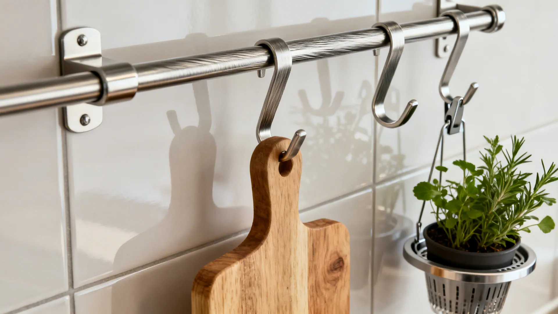 Macro of brushed stainless rail hooks holding a board and herb pot in a tidy arrangement.