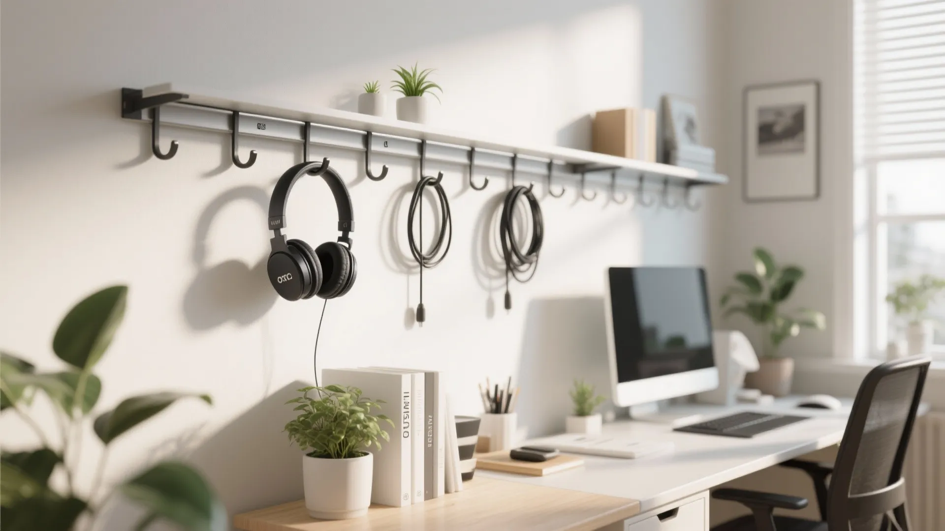 Wall mounted rail with black hooks holding headphones and cables above a clean white office desk