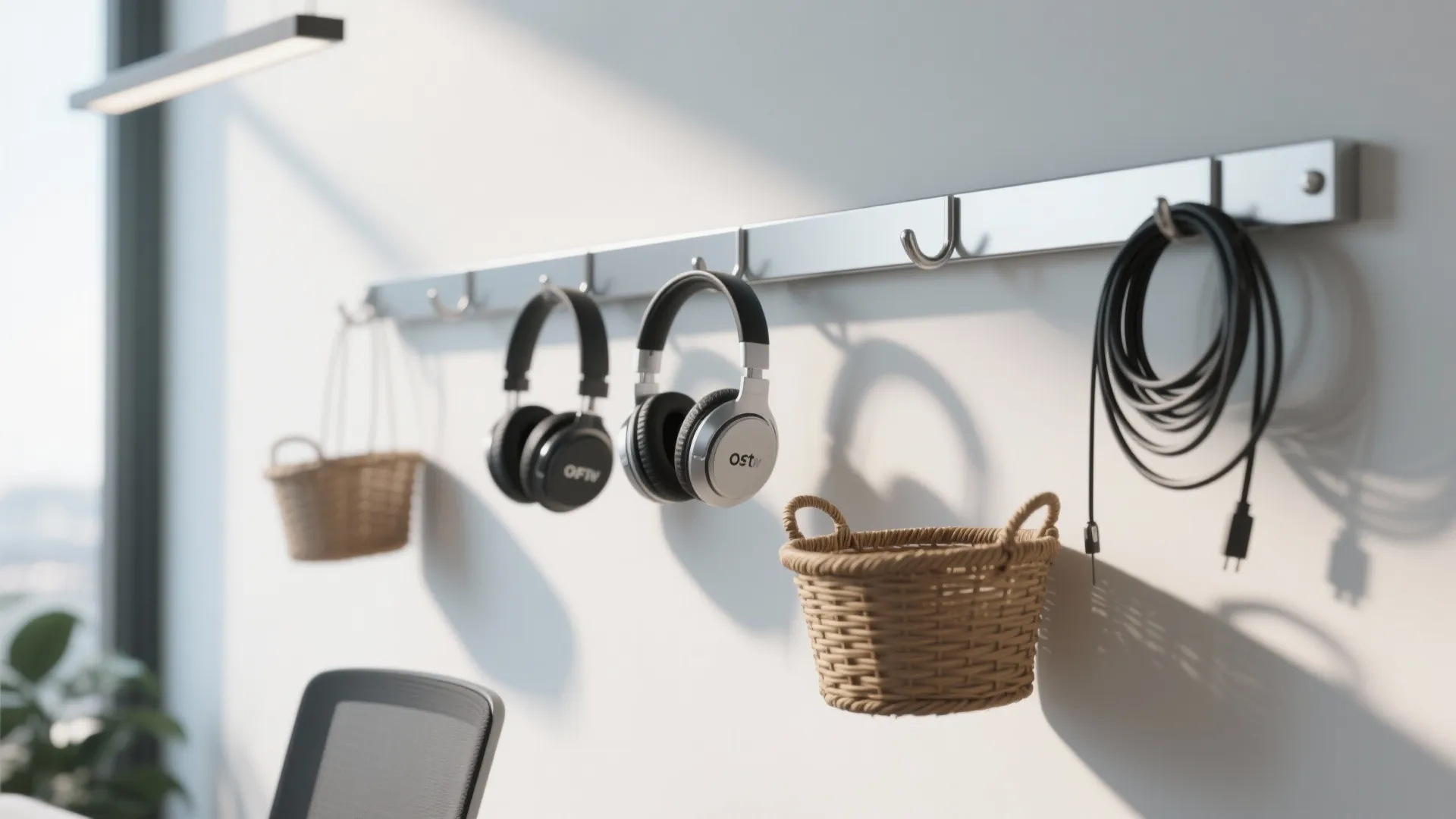Metal wall rail with hooks holding headphones baskets and cables in a modern workspace room