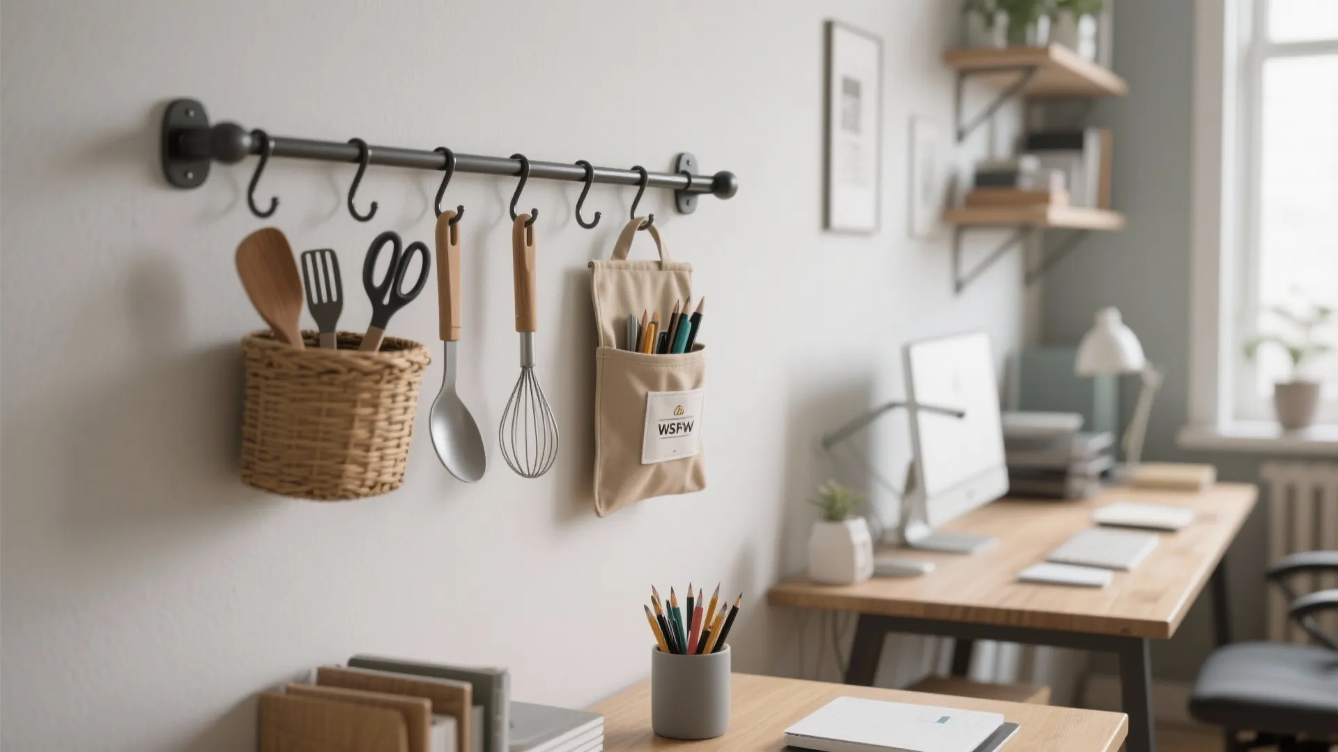 Rail and hook system holding baskets and stationery